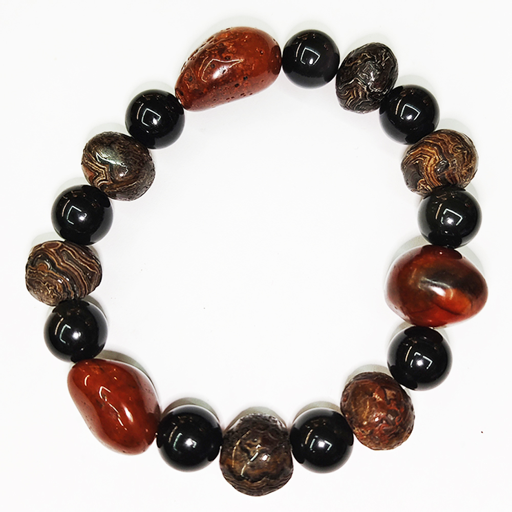 紅玉髓&黑曜石&老礦藥師珠手珠12mm【十方】153525