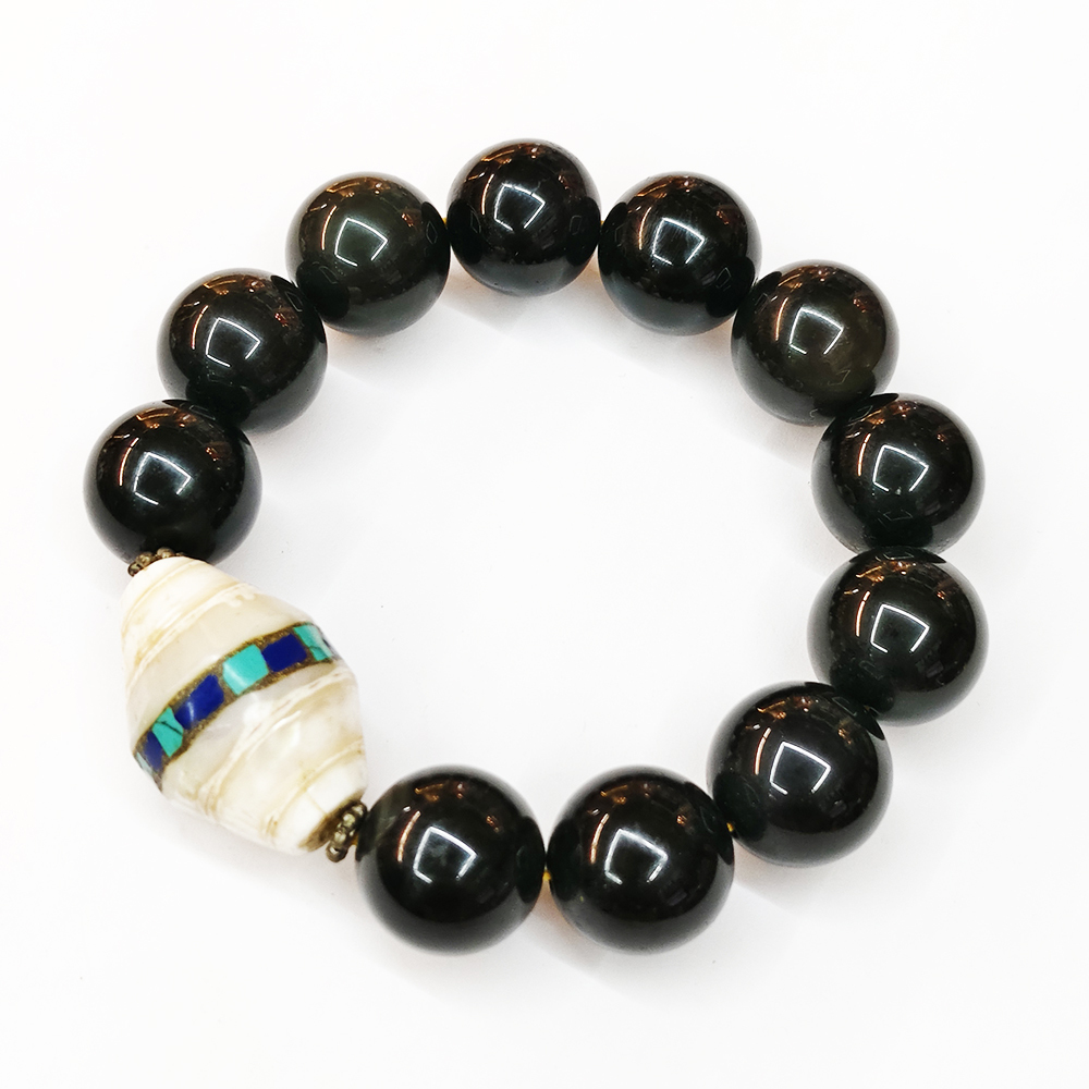 硨磲手工珠&黑曜岩手珠18mm【十方】122177