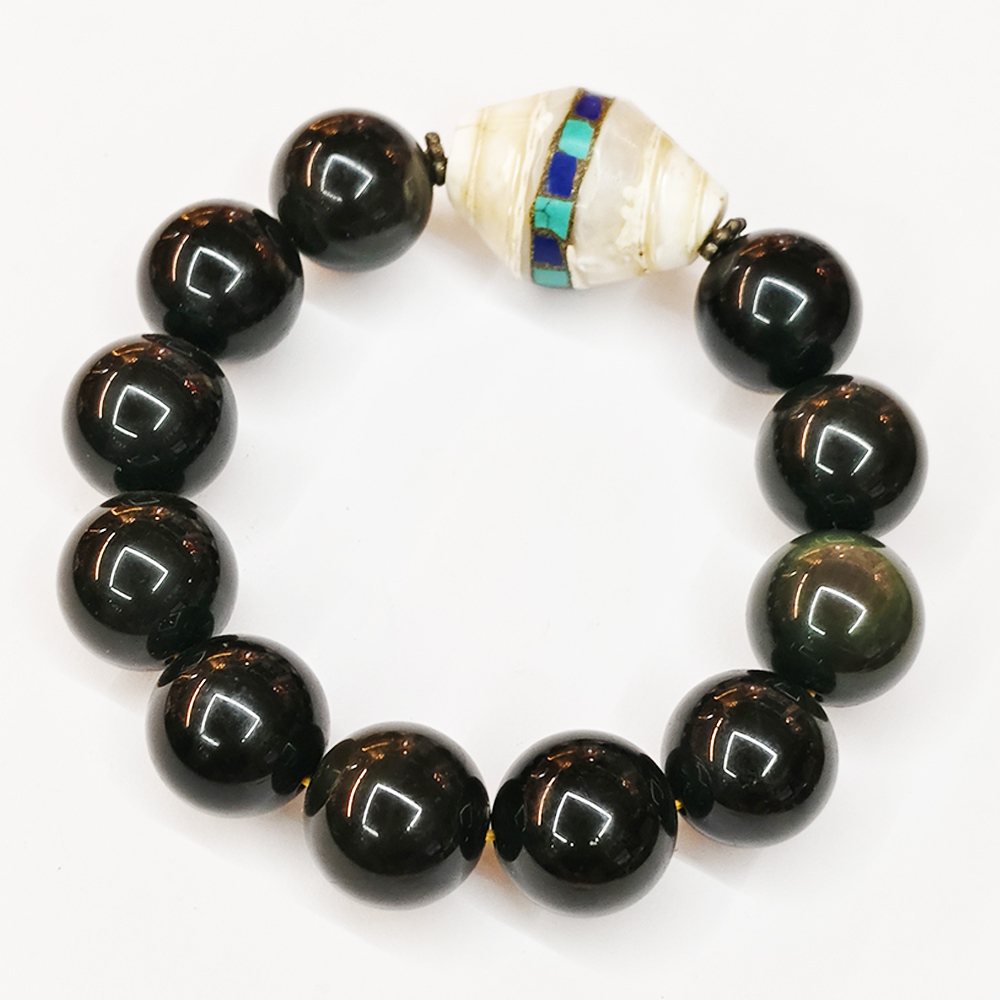 硨磲手工珠&黑曜岩手珠18mm【十方】122177