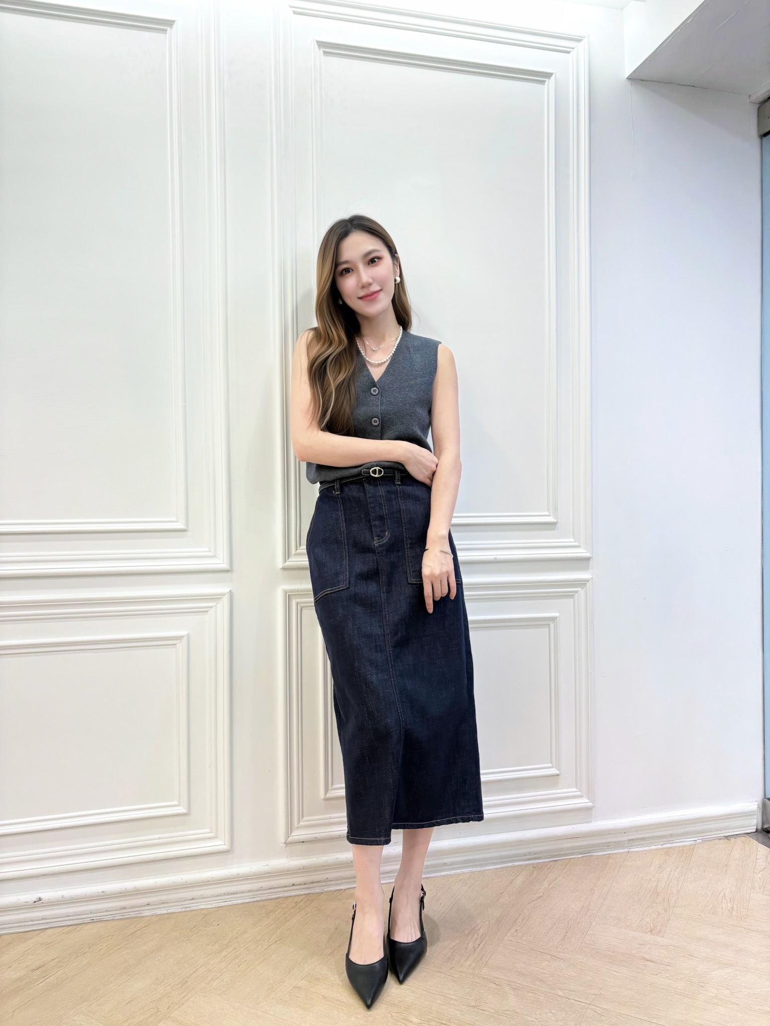 牛仔雙口袋長裙