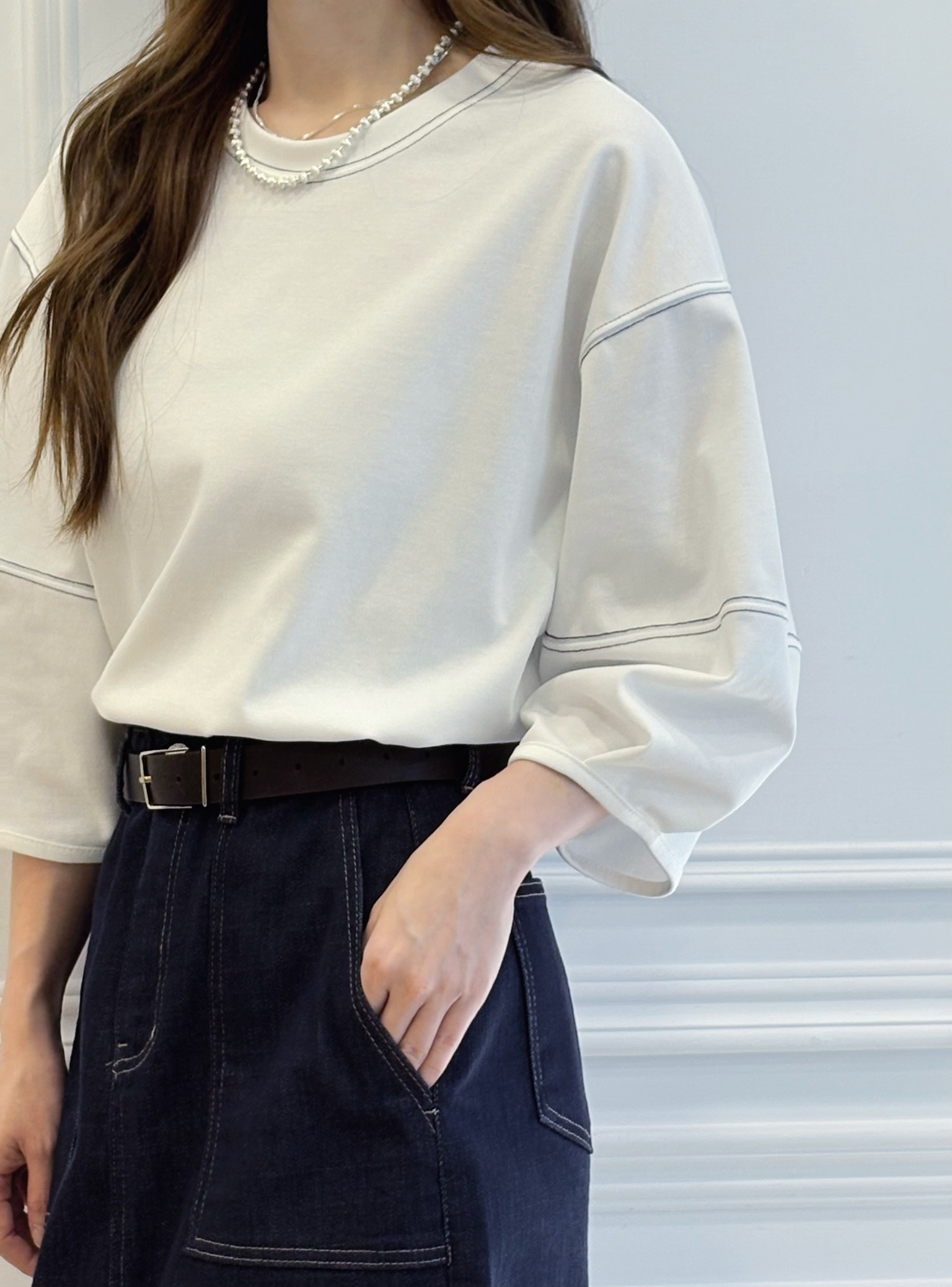 七分澎袖滾邊棉料T