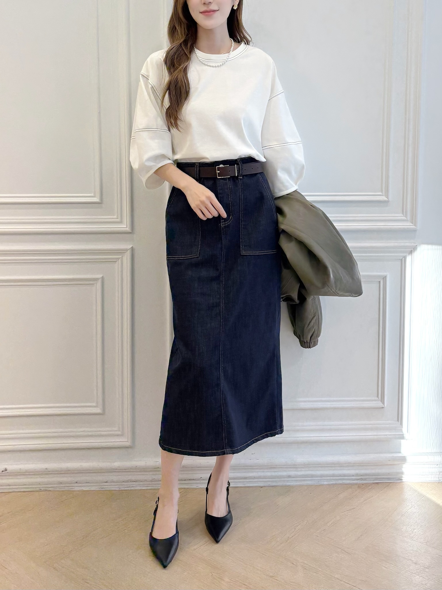 牛仔雙口袋長裙