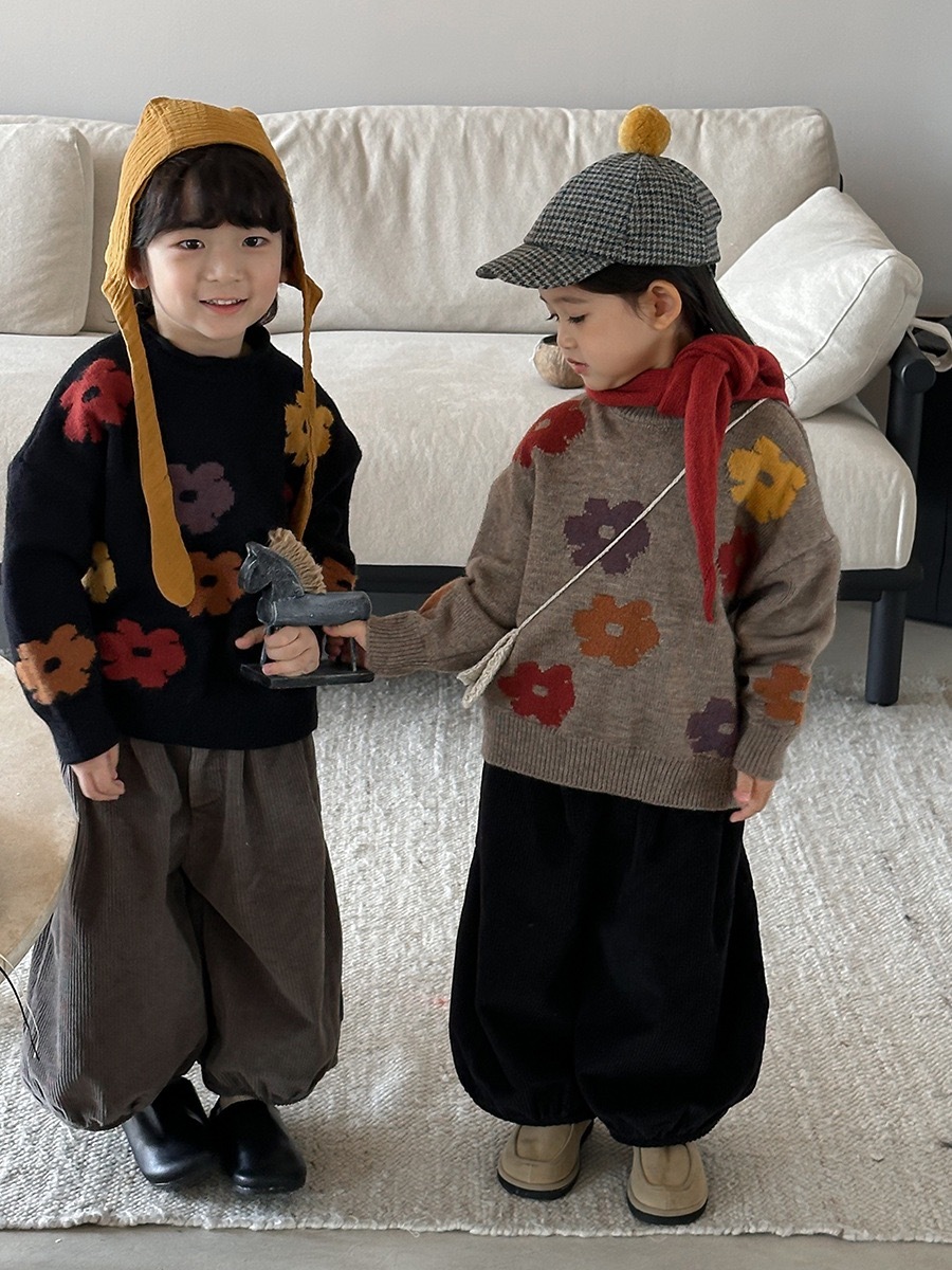 現貨90 、 110 灰咖色｜彩色花多針織上衣    ‧₊