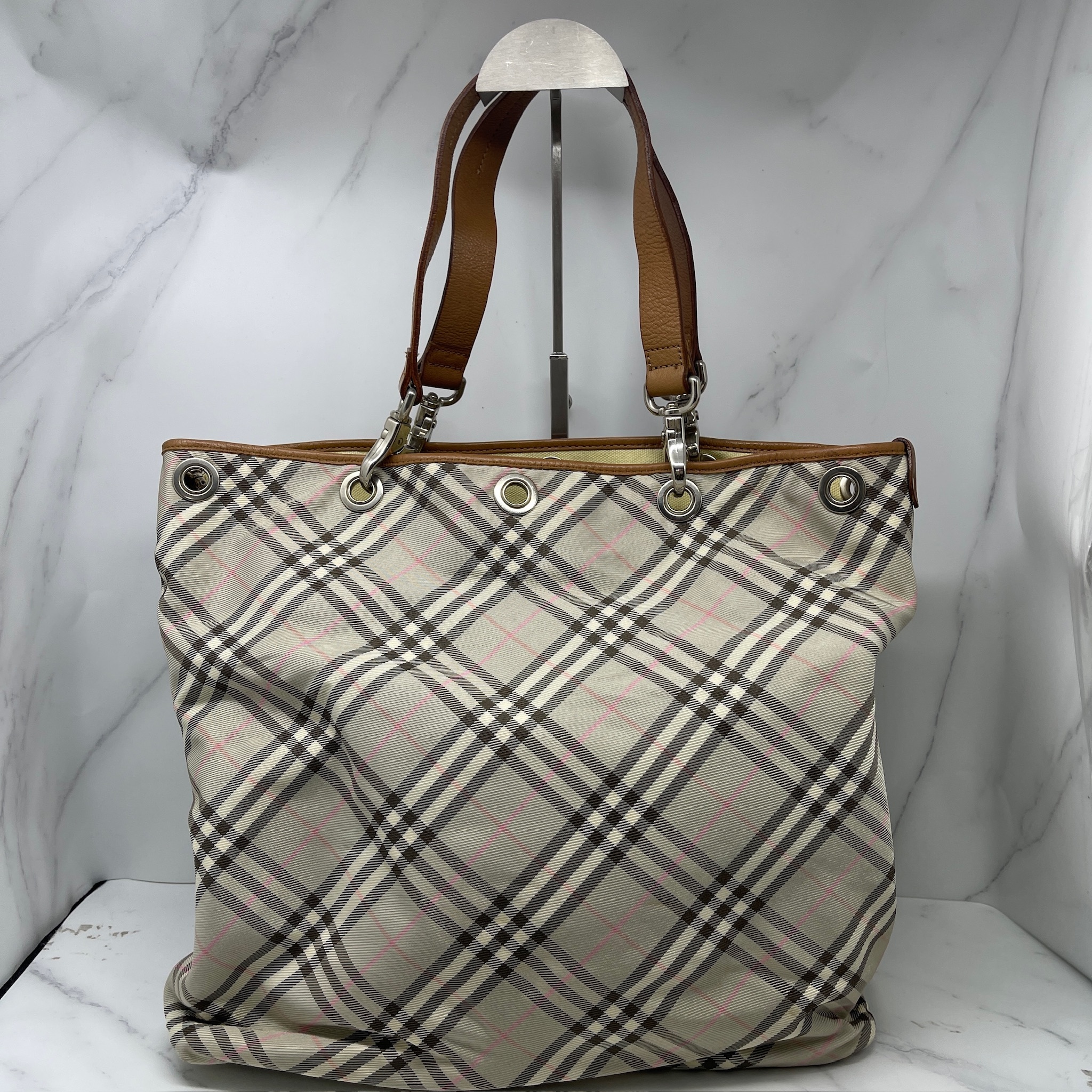 Burberry Blue Label Check Leather Trim Bucket Tote