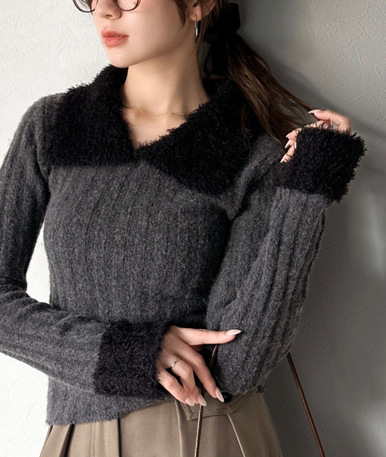 【預購】JN101813 mily bilet 毛領羅紋針織上衣