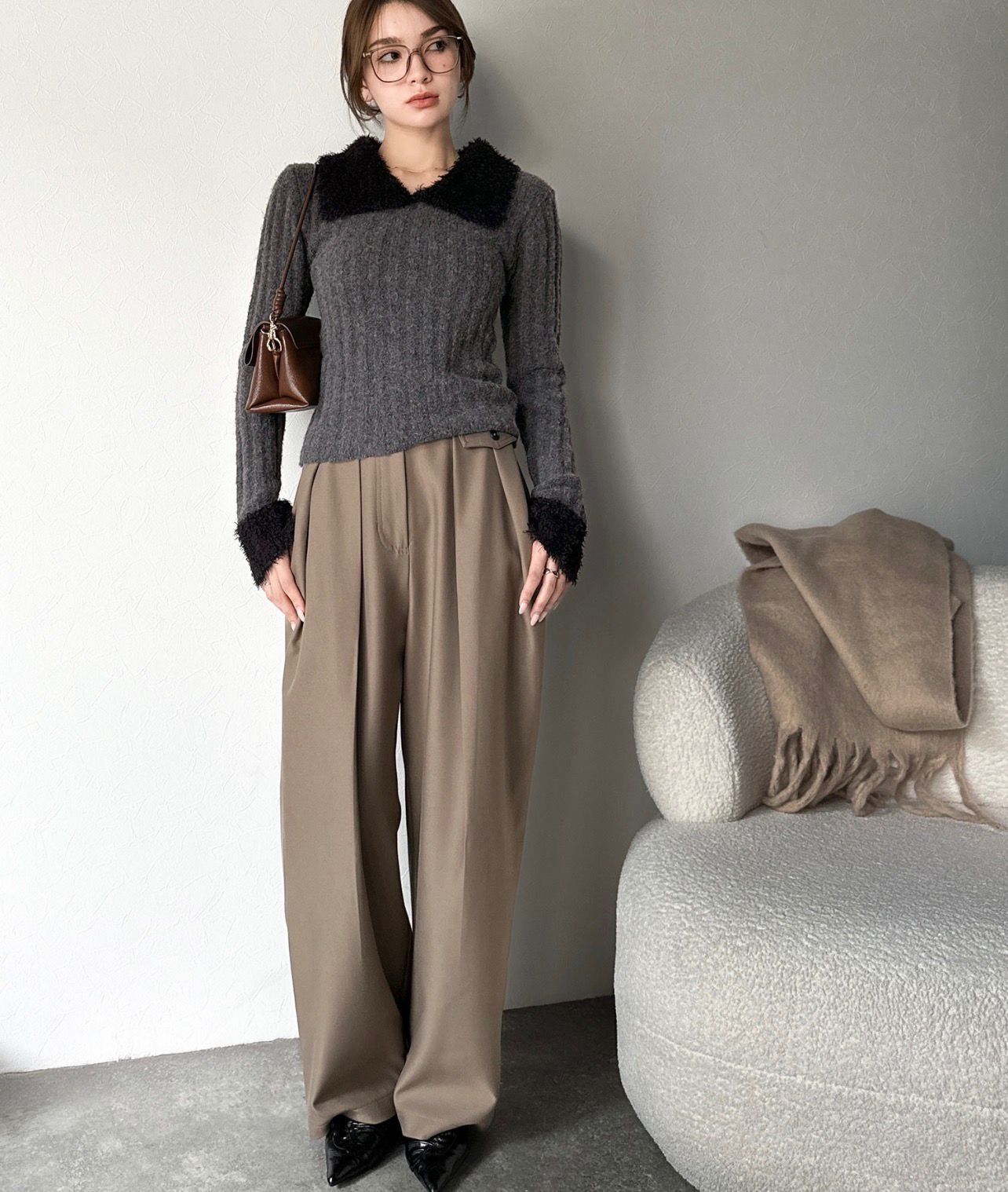 【預購】JN101813 mily bilet 毛領羅紋針織上衣