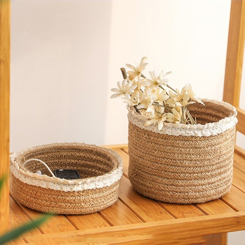 《6306》蕾絲花邊黃麻編織桌面收納籃