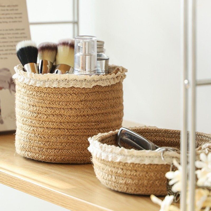 《6306》蕾絲花邊黃麻編織桌面收納籃