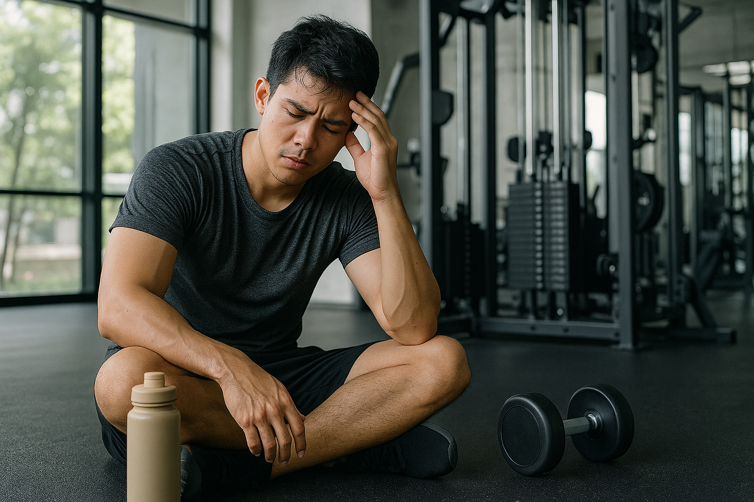 運動後男性坐在健身房地板上感到疲勞頭痛,旁邊有啞鈴與水壺,呈現「容易疲勞要補充什麼」的運動恢復情境示意圖。