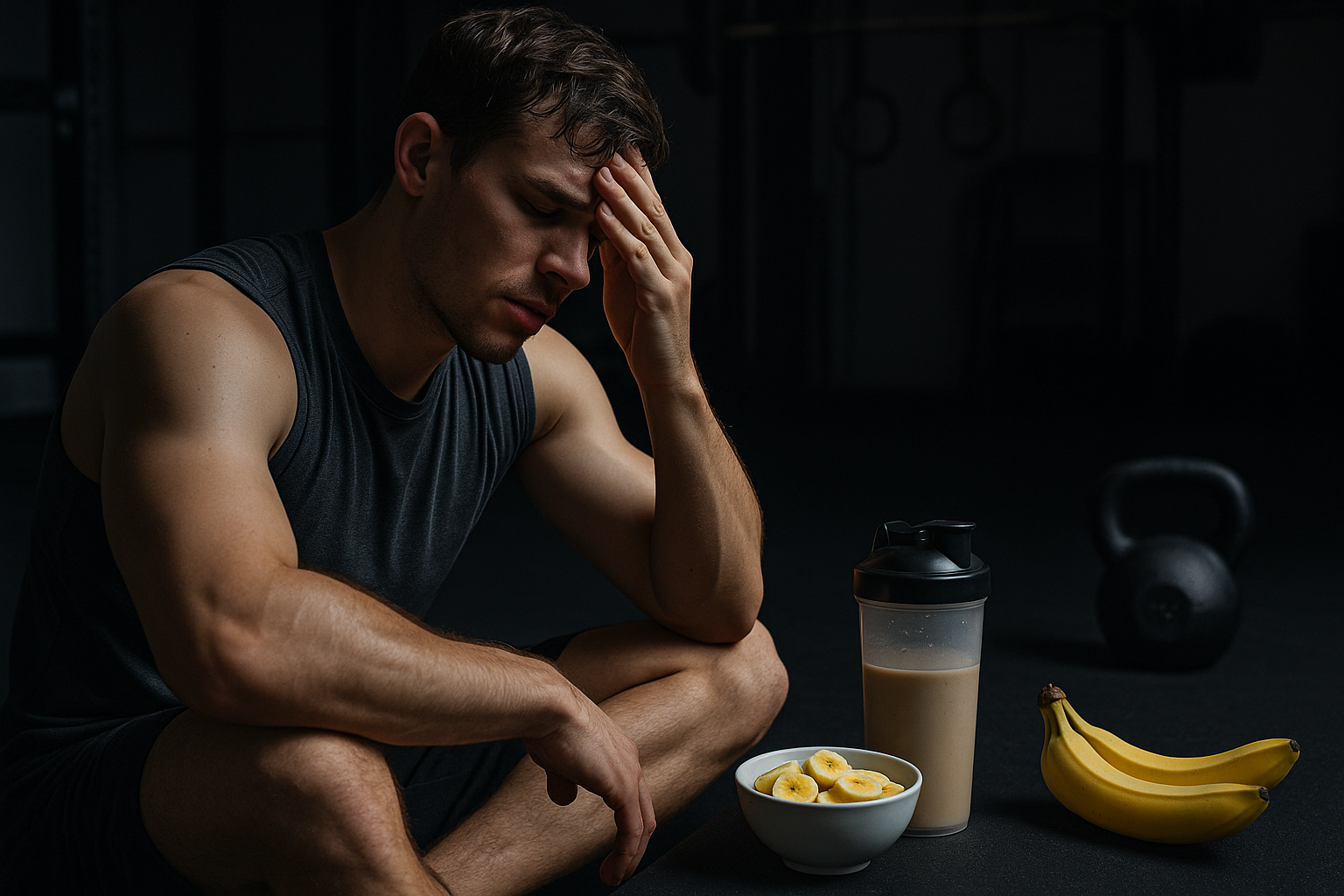 運動後疲勞的男性坐在健身房地板上,身旁放著香蕉與蛋白飲,呈現運動後能量補給與營養恢復的重要性,對應主題『運動族容易疲勞要補充什麼』。