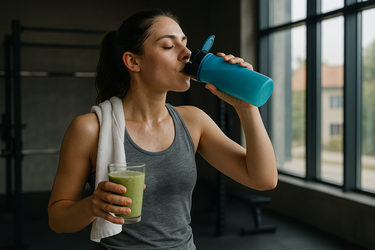 女性運動後在健身房喝著綠色營養飲與蛋白飲,象徵補充電解質與植萃營養,幫助恢復體力與代謝,呼應『運動族容易疲勞要補充什麼』主題。