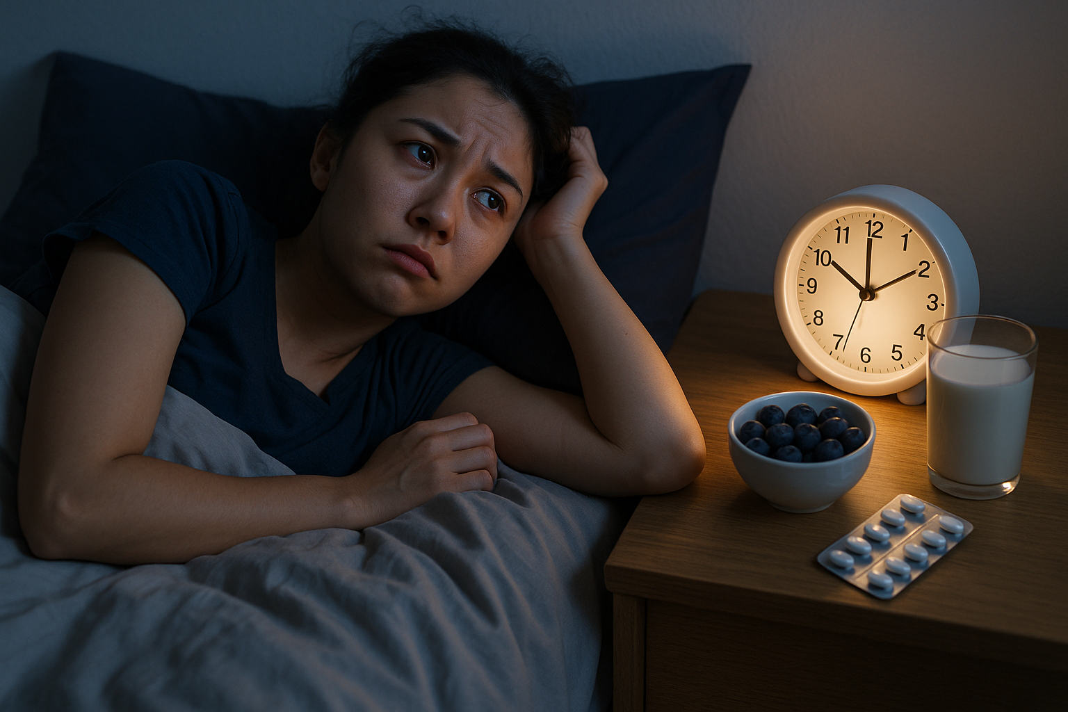 失眠女性夜晚難以入睡,盯著床頭時鐘焦慮,桌上擺著牛奶、藍莓與安眠藥,呈現「失眠吃什麼」與使用安眠藥的情境。