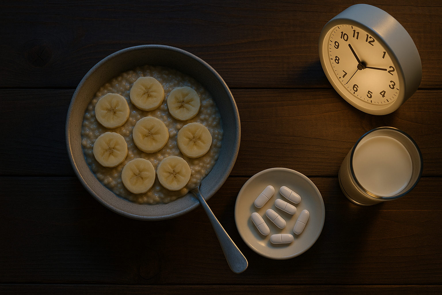 夜晚燈光下的香蕉燕麥粥搭配牛奶與維他命,營造睡前放鬆與助眠食物情境,呼應主題『失眠吃什麼?除了安眠藥外,還能吃這8種天然食物』。