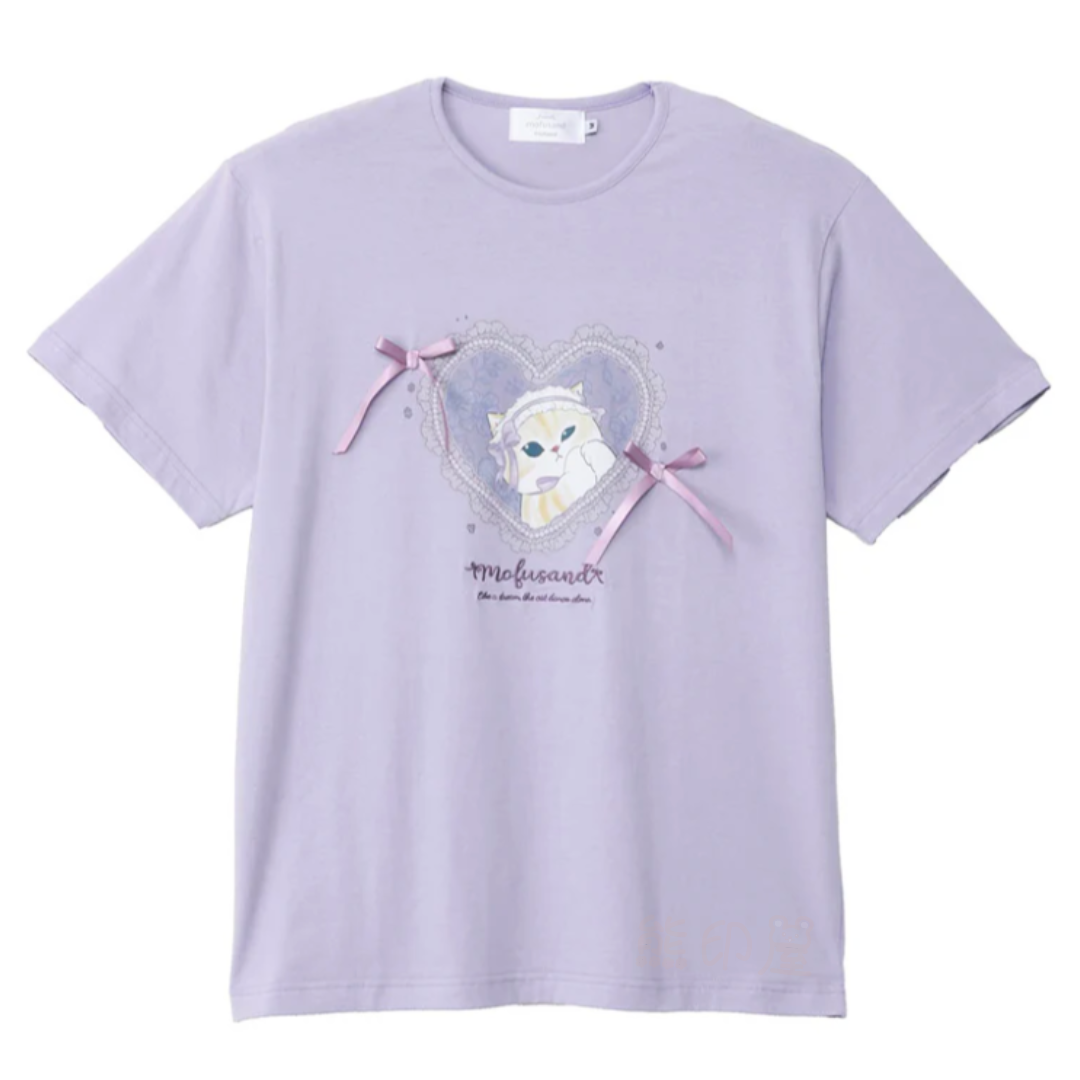 Mofusand 薰衣草絲帶貓芭蕾風格T恤上衣 M - (紫)