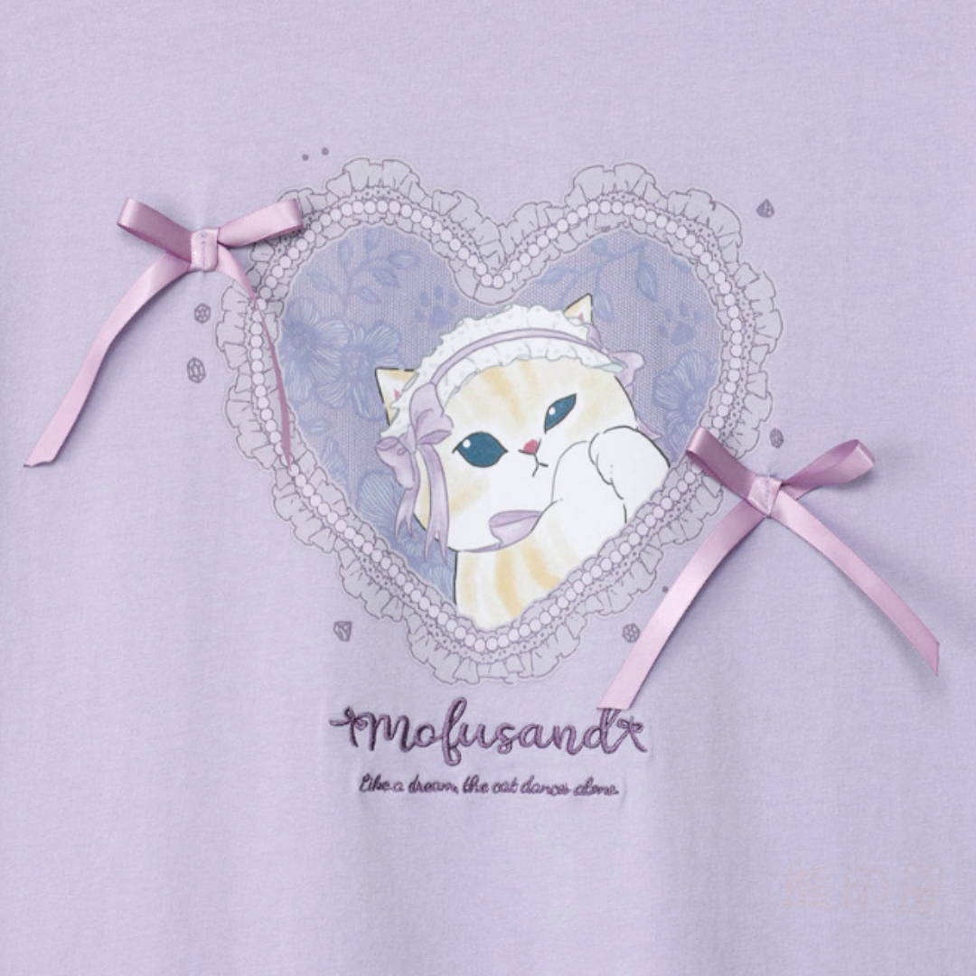 Mofusand 薰衣草絲帶貓芭蕾風格T恤上衣 M - (紫)