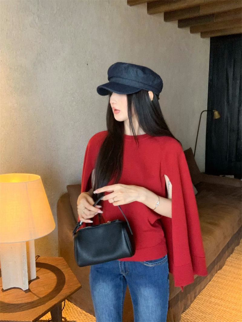 法式小香風 斗篷針織上衣(紅/杏/米白)