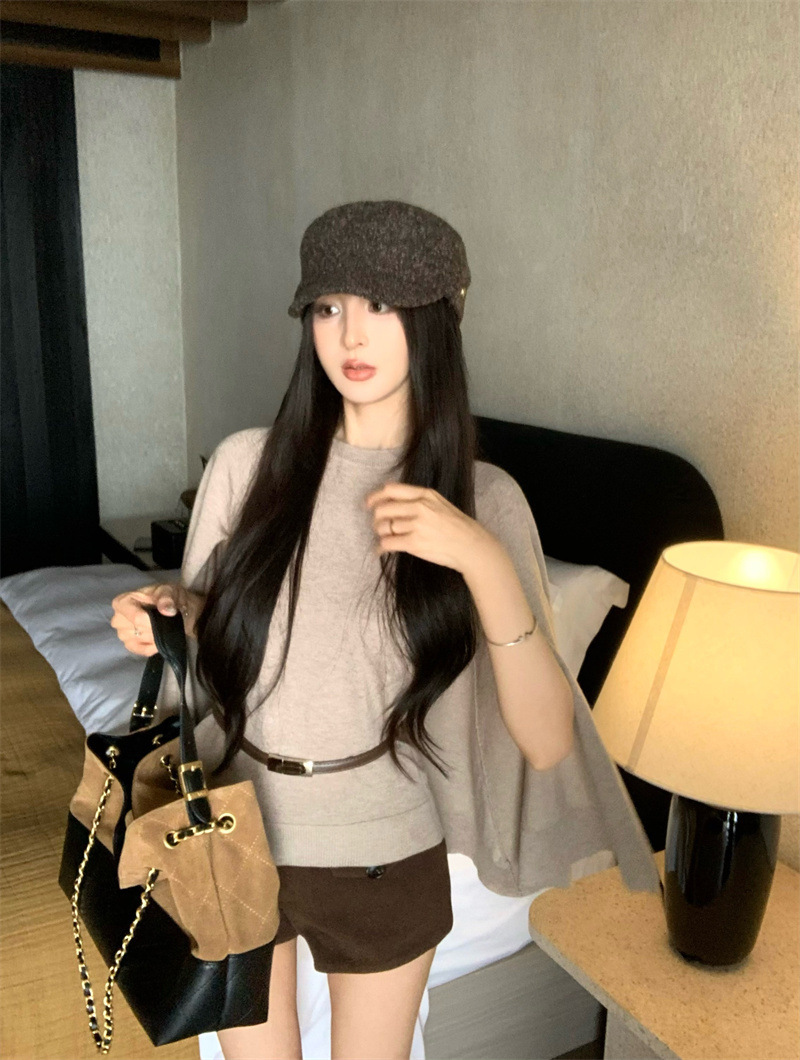 法式小香風 斗篷針織上衣(紅/杏/米白)