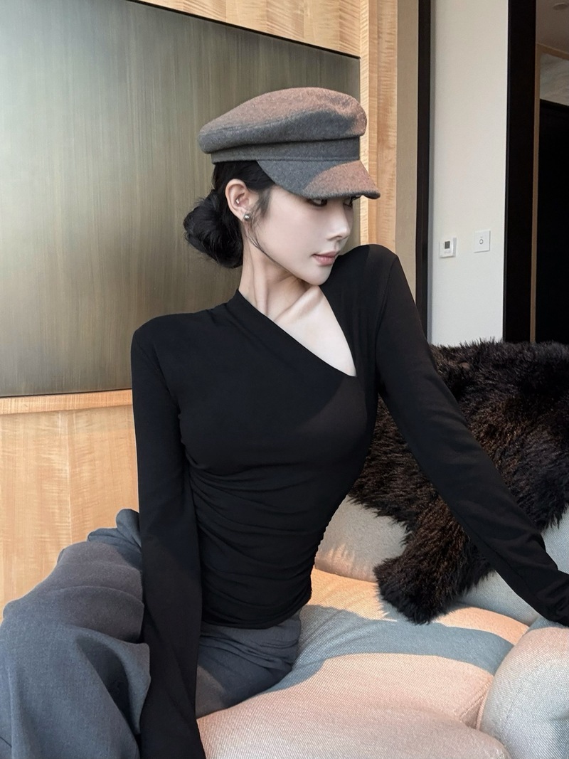 簡約性感 斜V彈性貼身上衣(酒紅/白/黑)