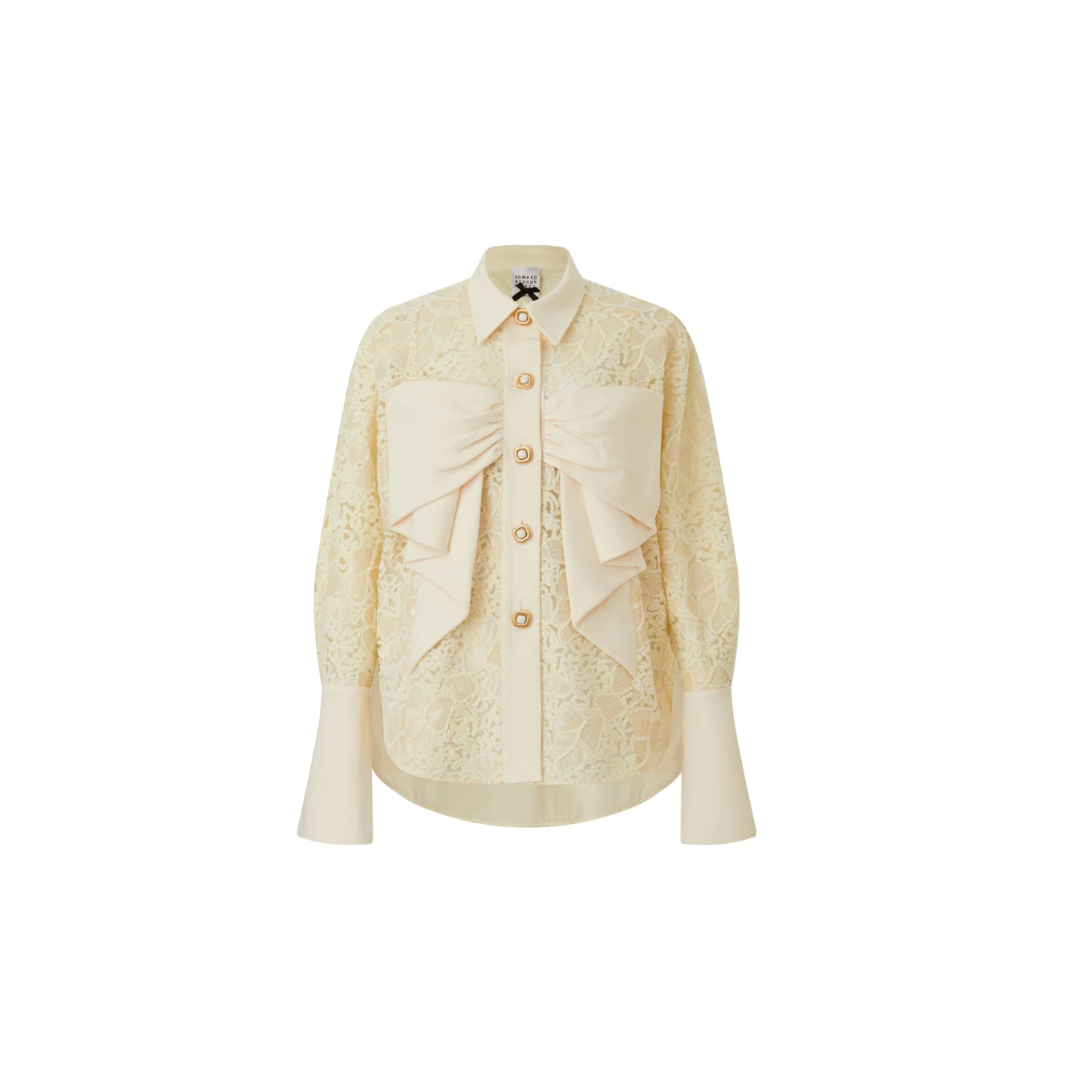 1EA1020-033 EDWARD ACHOUR Velvet Lace Shirt with Sequin Details and Statement Bow Ivory #090616/932 (C-EU-E)