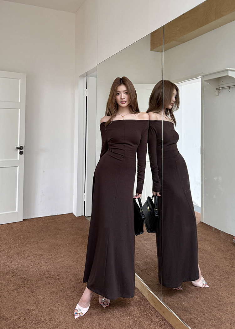 一字領收腰 長袖洋裝