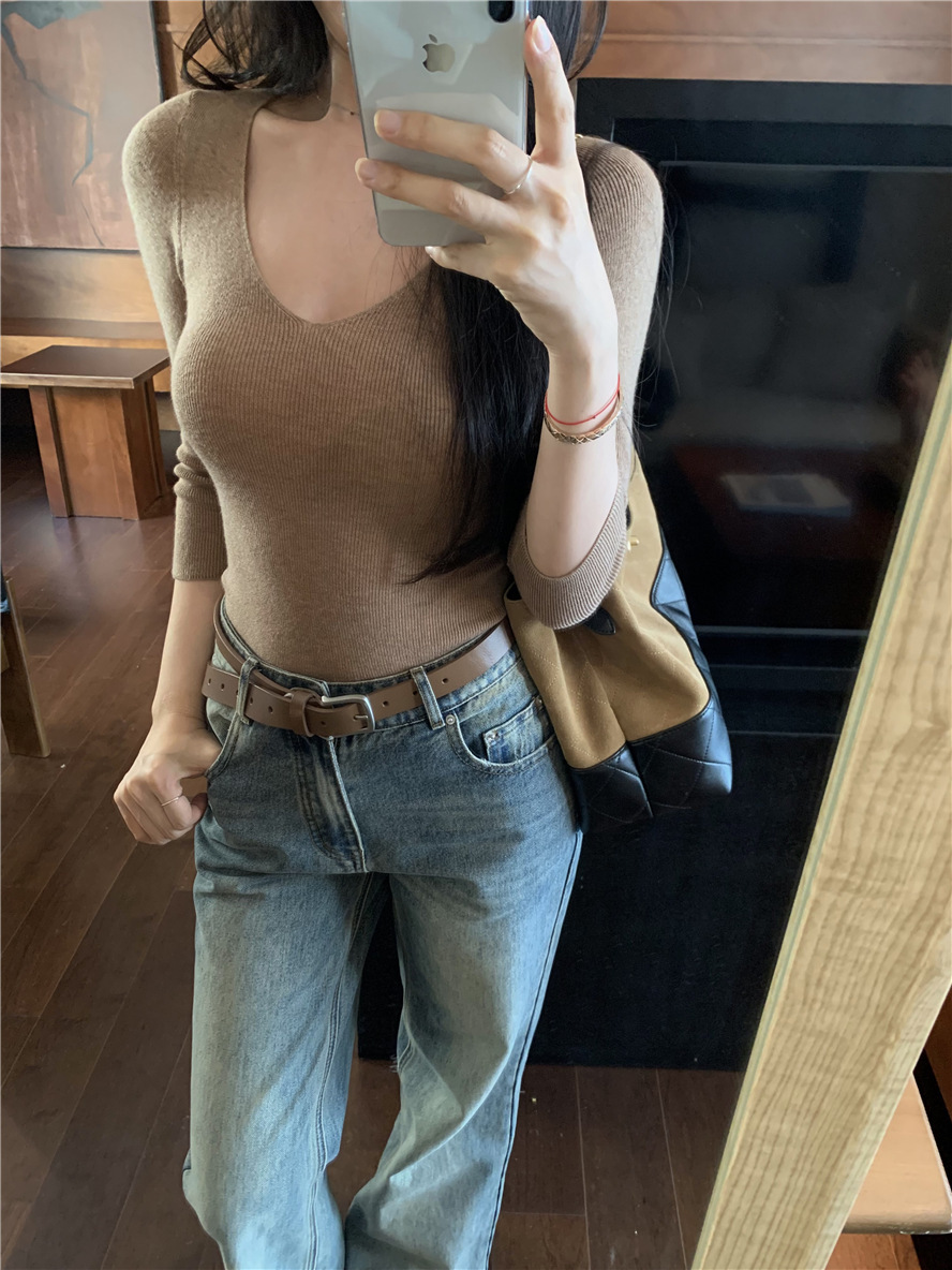 V領針織 五分袖上衣(灰/駝)