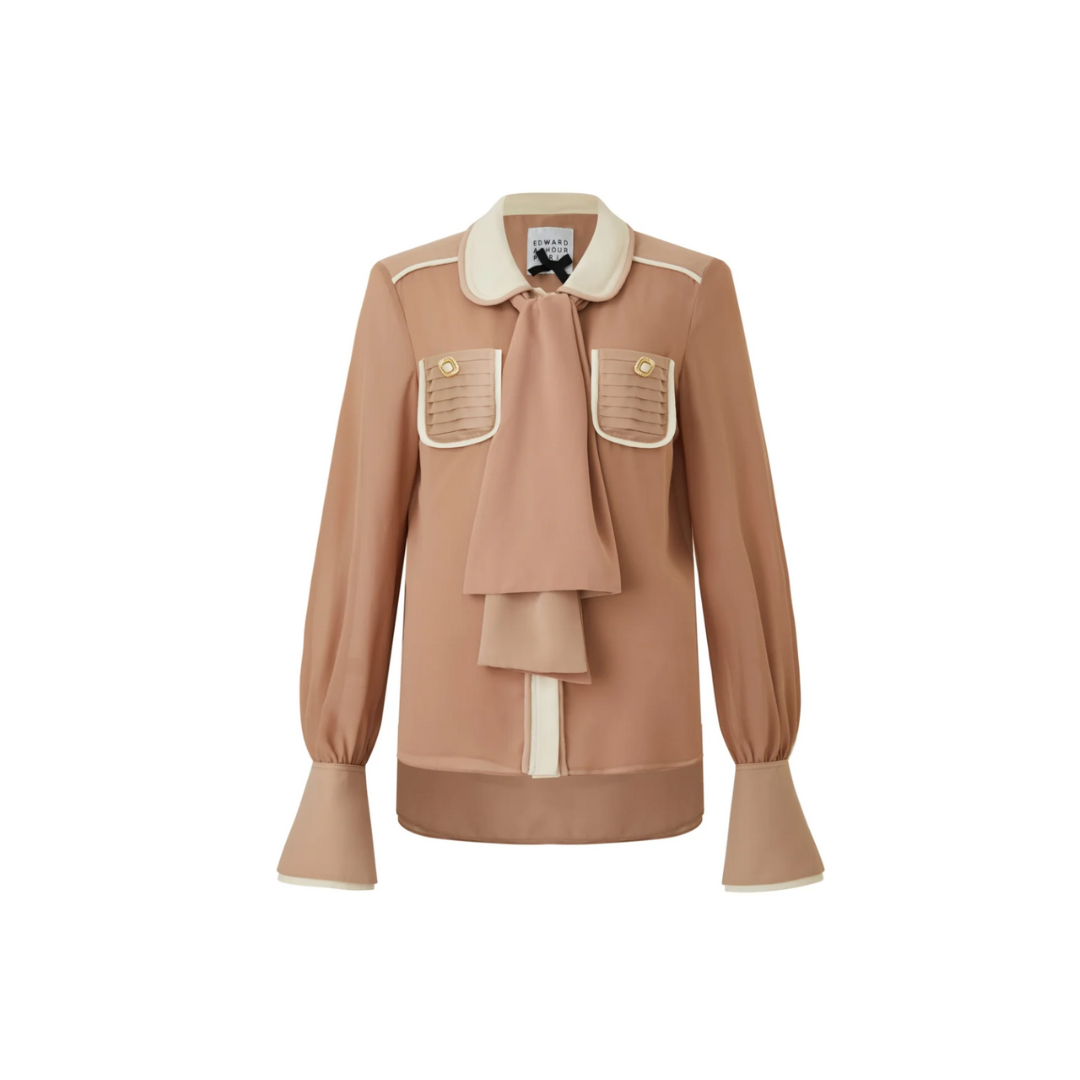 1EA1020-036 EDWARD ACHOUR Soft Camel Blouse with Contrast Trim and Scarf Tie Beige #090620/936 (C-EU-E)