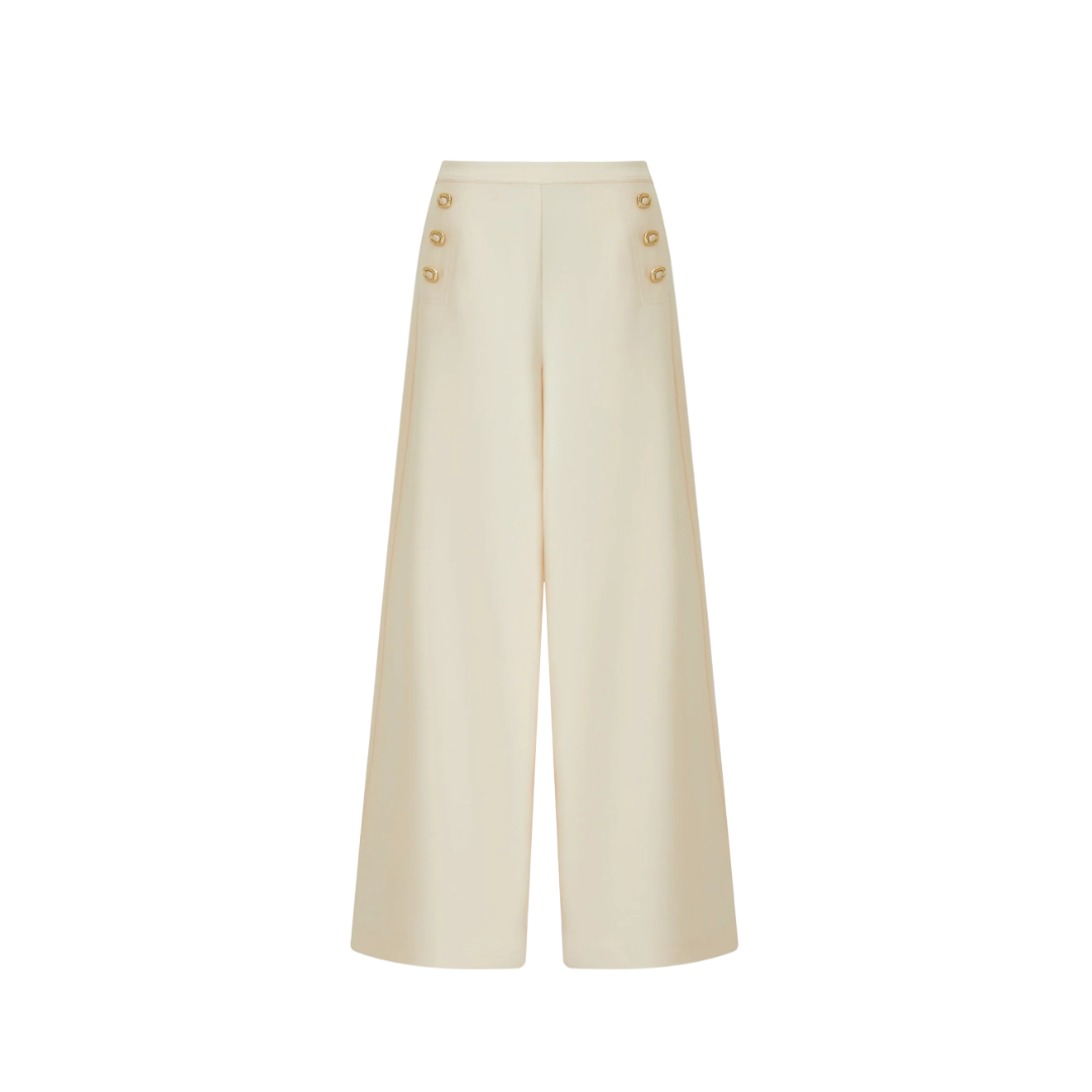 1EA1020-041 EDWARD ACHOUR Wide-Leg Cream Pants with Side Button Detail Ivory #090907/928 (C-EU-E)