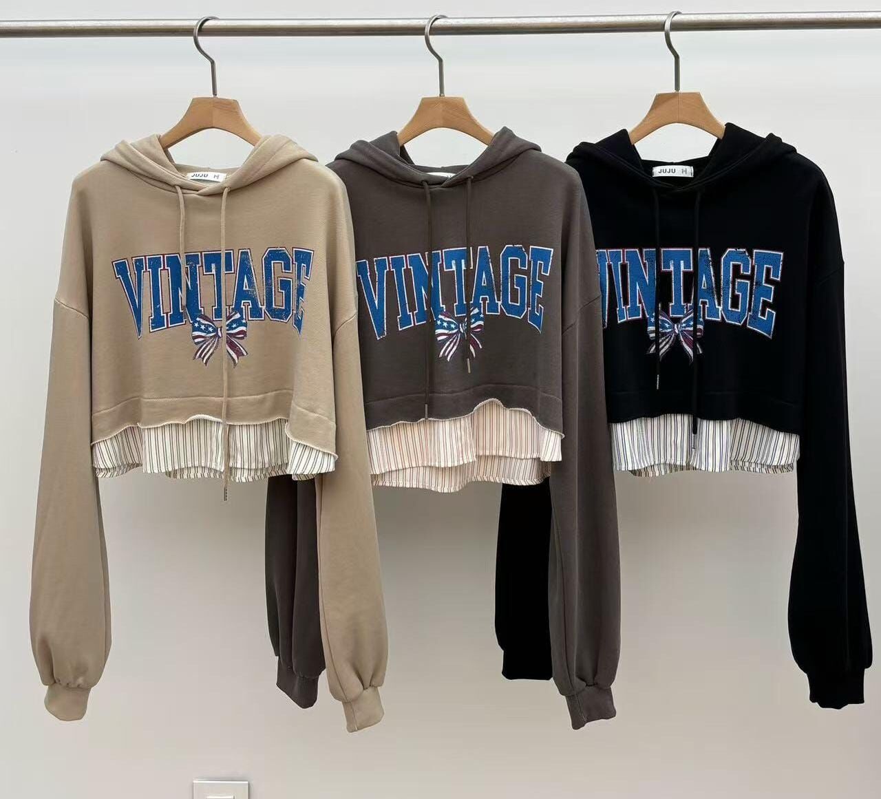 JU5143 假兩件短版字母連帽衛衣