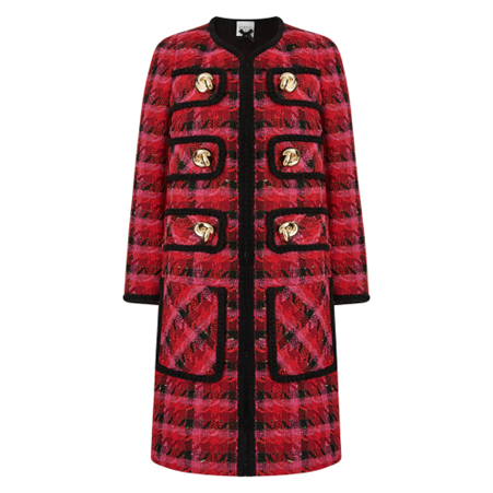 1EA1020-017 EDWARD ACHOUR Vintage-Inspired Red Plaid Coat With Jewels Bottons Red #090204/921 (C-EU-E)