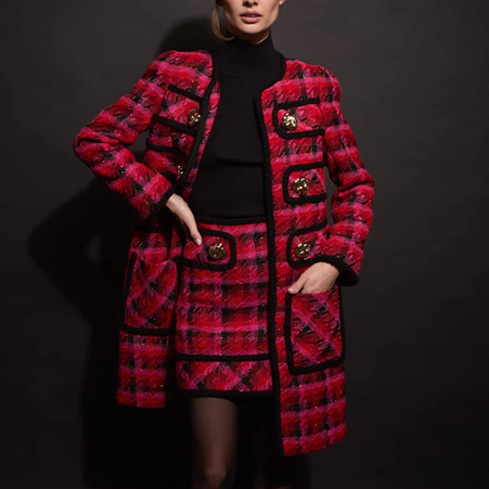 1EA1020-017 EDWARD ACHOUR Vintage-Inspired Red Plaid Coat With Jewels Bottons Red #090204/921 (C-EU-E)