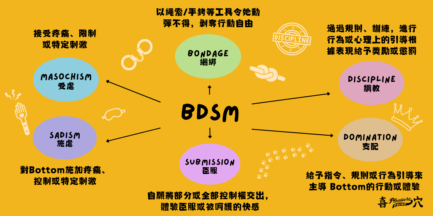 BDSM 由六大核心組成：Bondage (捆綁) ⛓與 Discipline (調教)、Domination (支配) 🤴🏼與Submission (臣服)🧎🏼‍♂️、Sadism (施虐) 💥與 Masochism (受虐)😖，各元素都代表了一個不同的角色 / 玩法。