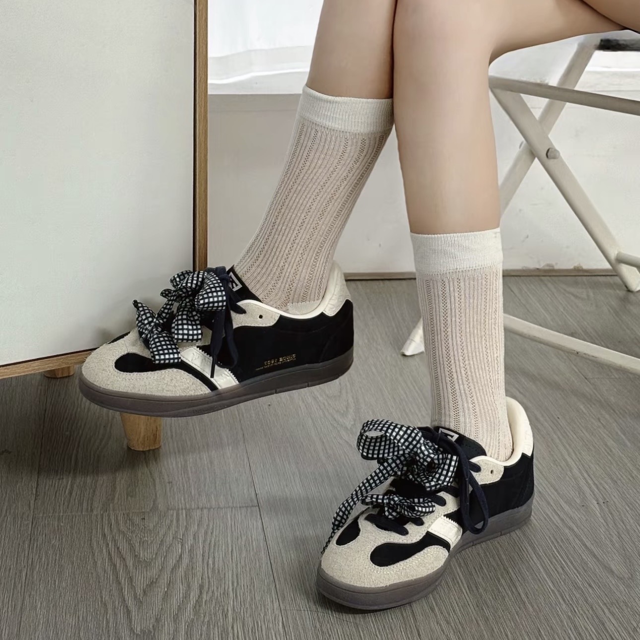 KAPPA 卡帕 暗夜藍黑 格紋鞋帶 德訓鞋 女鞋 增高 復古