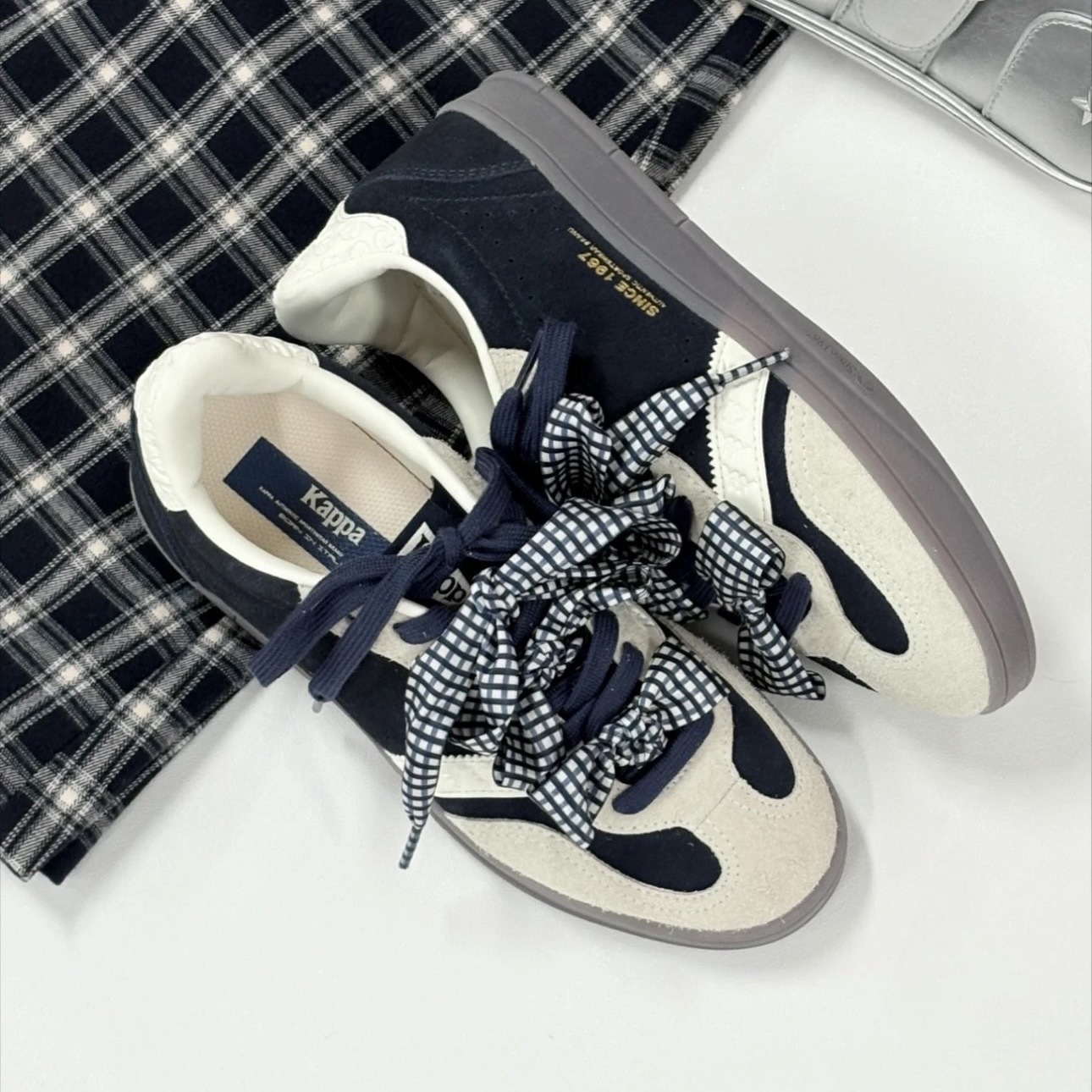 KAPPA 卡帕 暗夜藍黑 格紋鞋帶 德訓鞋 女鞋 增高 復古