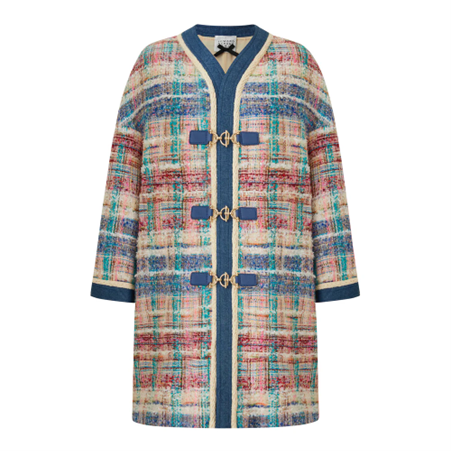 1EA1020-019 EDWARD ACHOUR Multicoloured Natté Boxy Coat With Denim Placket With Gold-Lock Buttons Ivory/Navy #090209/915 (C-EU-E)
