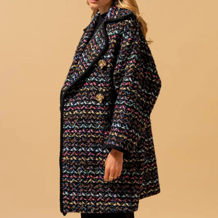 1EA1020-027 EDWARD ACHOUR Elegant Multicolor Coat With Jewels Button Accents Black #090212/925 (C-EU-E)