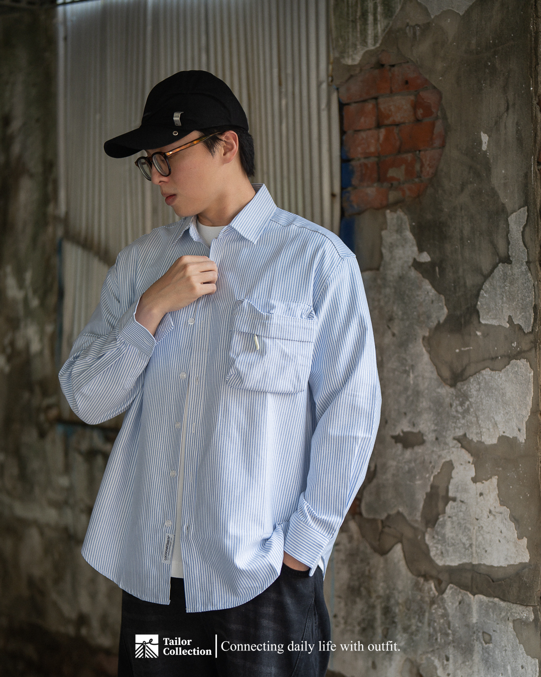 #預購 Tailor collection 日系復古 條紋 胸前口袋 長袖襯衫 藍