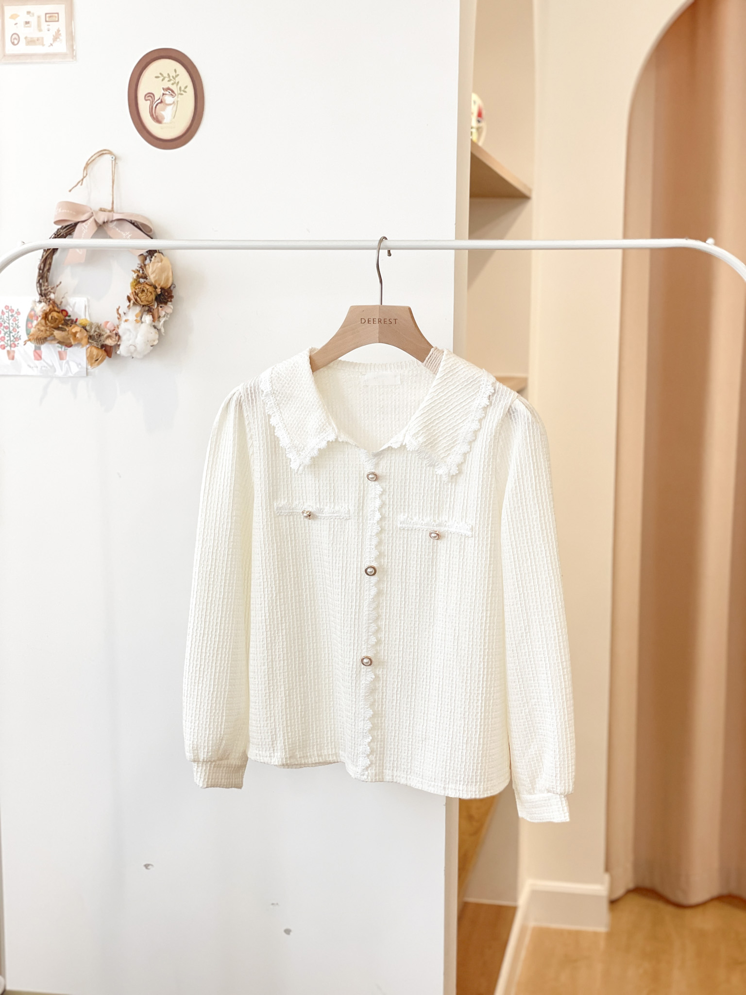 T1398 Waffle Lace Trim Blouse