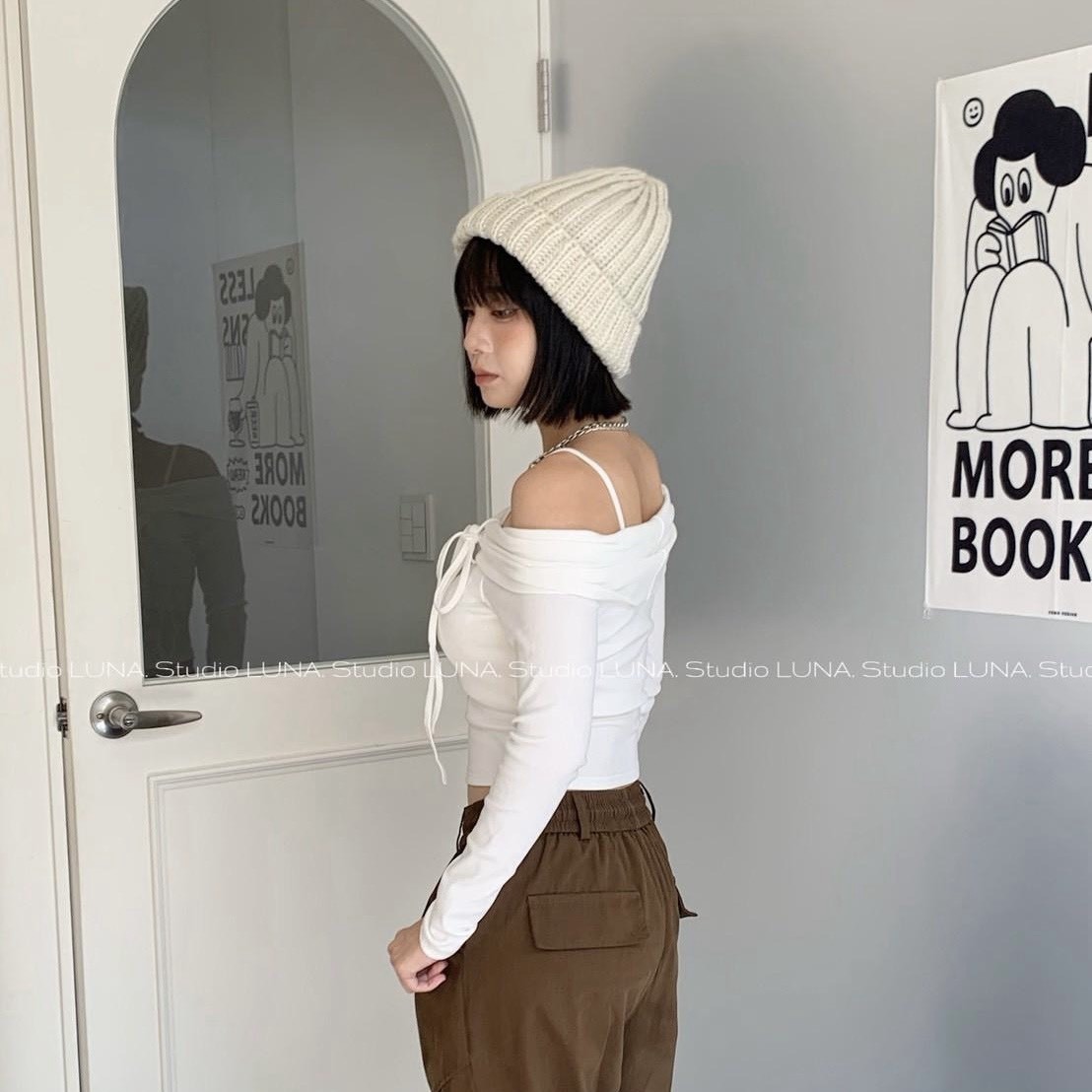 前綁帶細肩平口長袖上衣