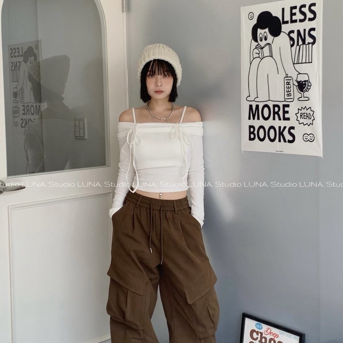 前綁帶細肩平口長袖上衣