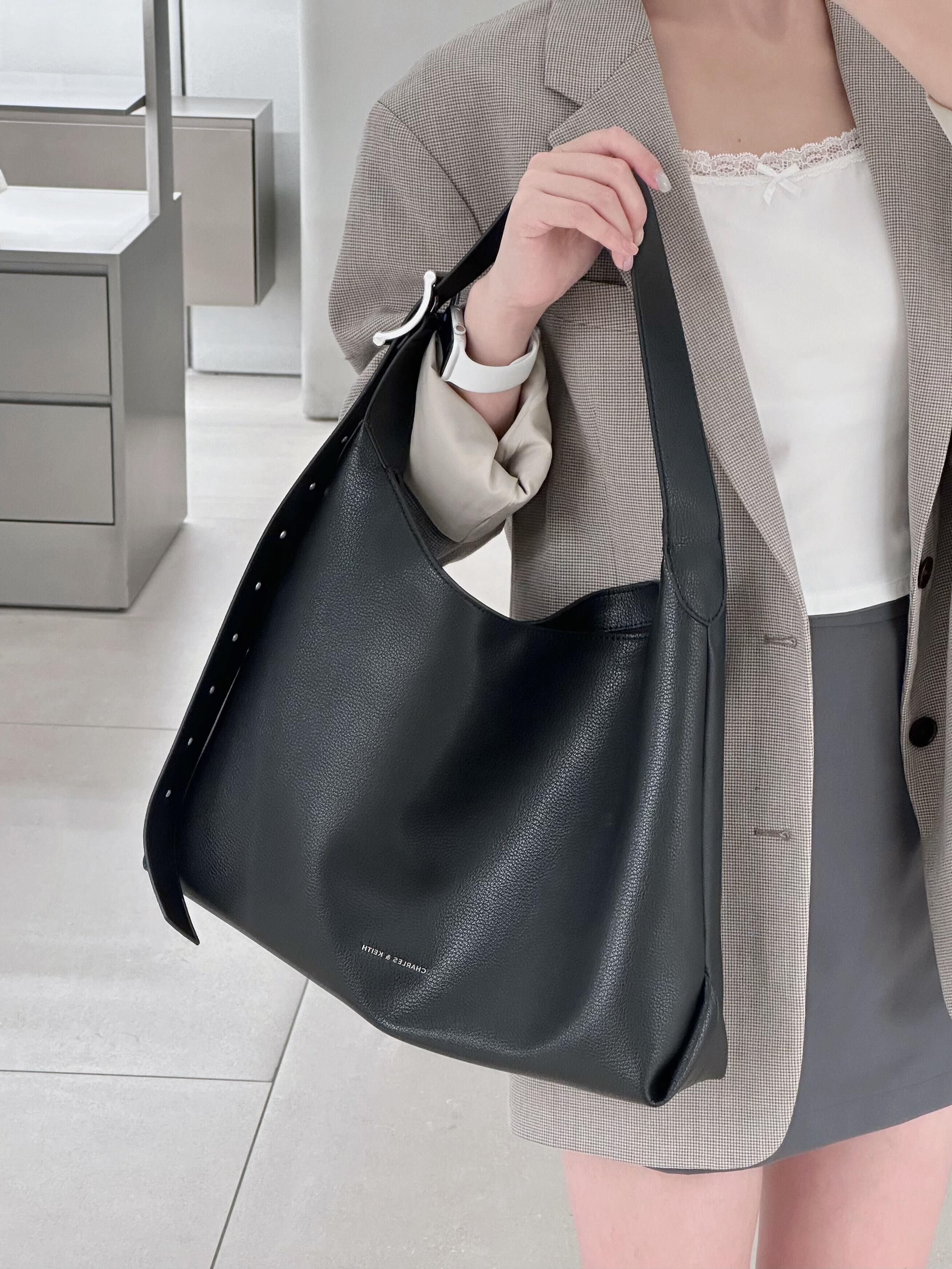 代購-CHARLES&KEITH 小ck 皮革 大容量 托特包 單肩包 黑