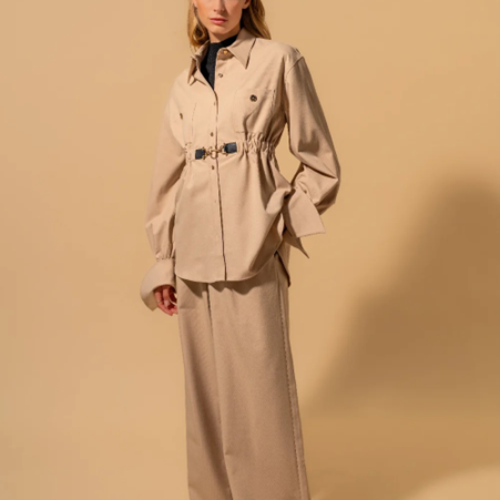 1EA1020-053 EDWARD ACHOUR Cinched-Waist Blouse With Statement Sleeves Beige #090605/916 (C-EU-E)