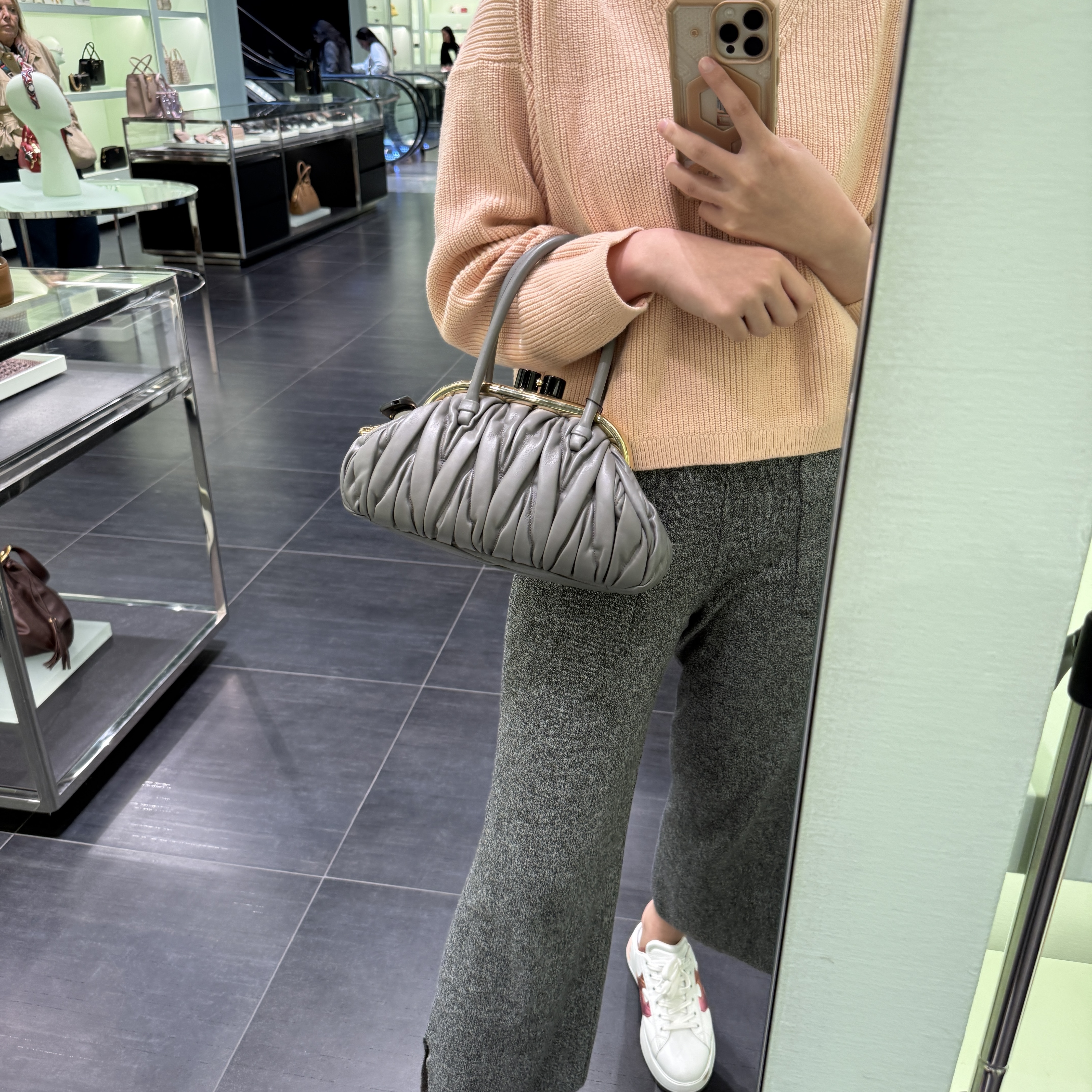 Miumiu Matelassé Leather top handle shoulder bag grey 5BK010