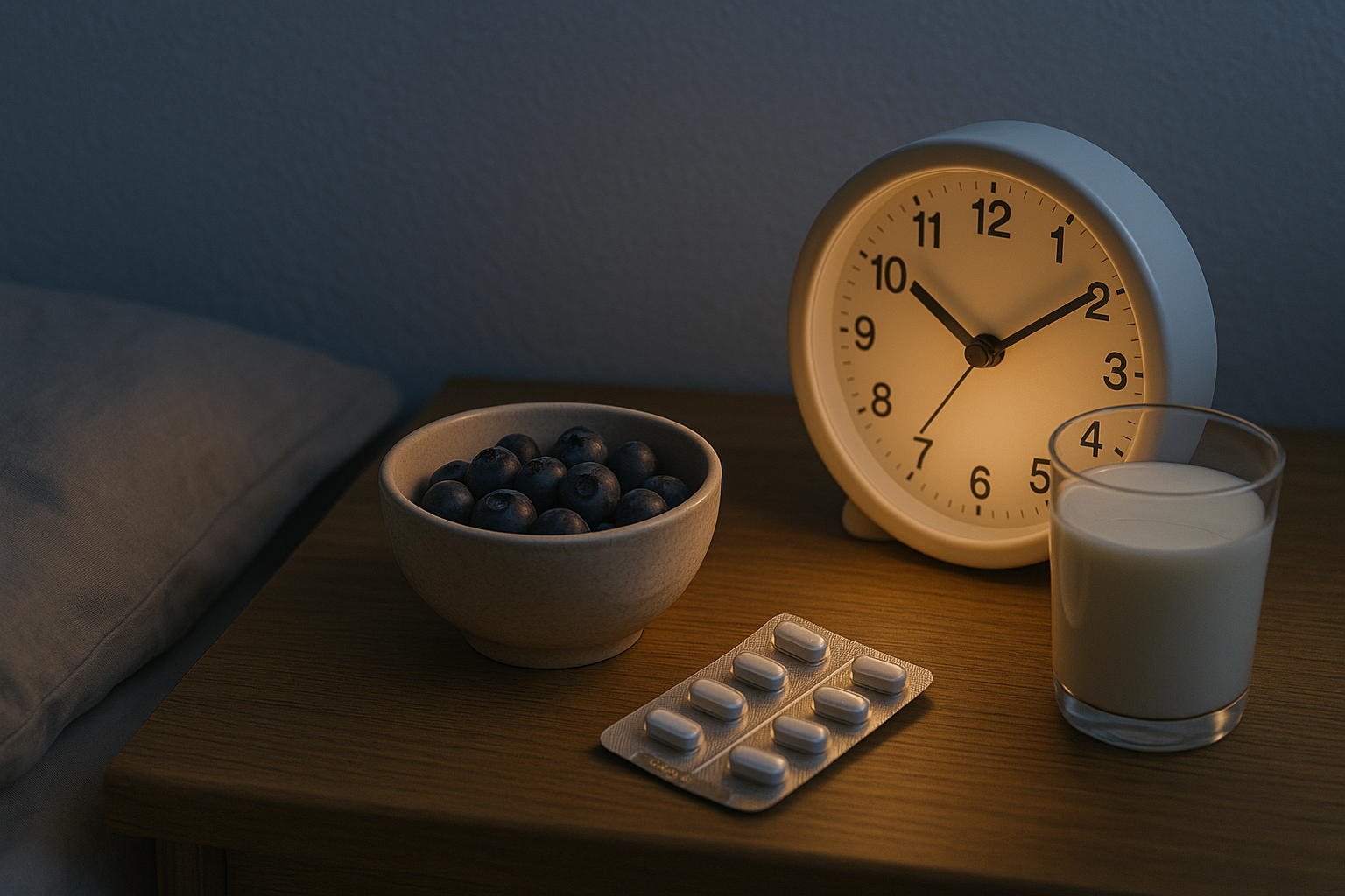 床頭擺放藍莓、牛奶與藥片,柔和燈光下呈現睡前助眠食物概念,對應主題『失眠吃什麼』,象徵以天然飲食替代安眠藥幫助放鬆入睡。