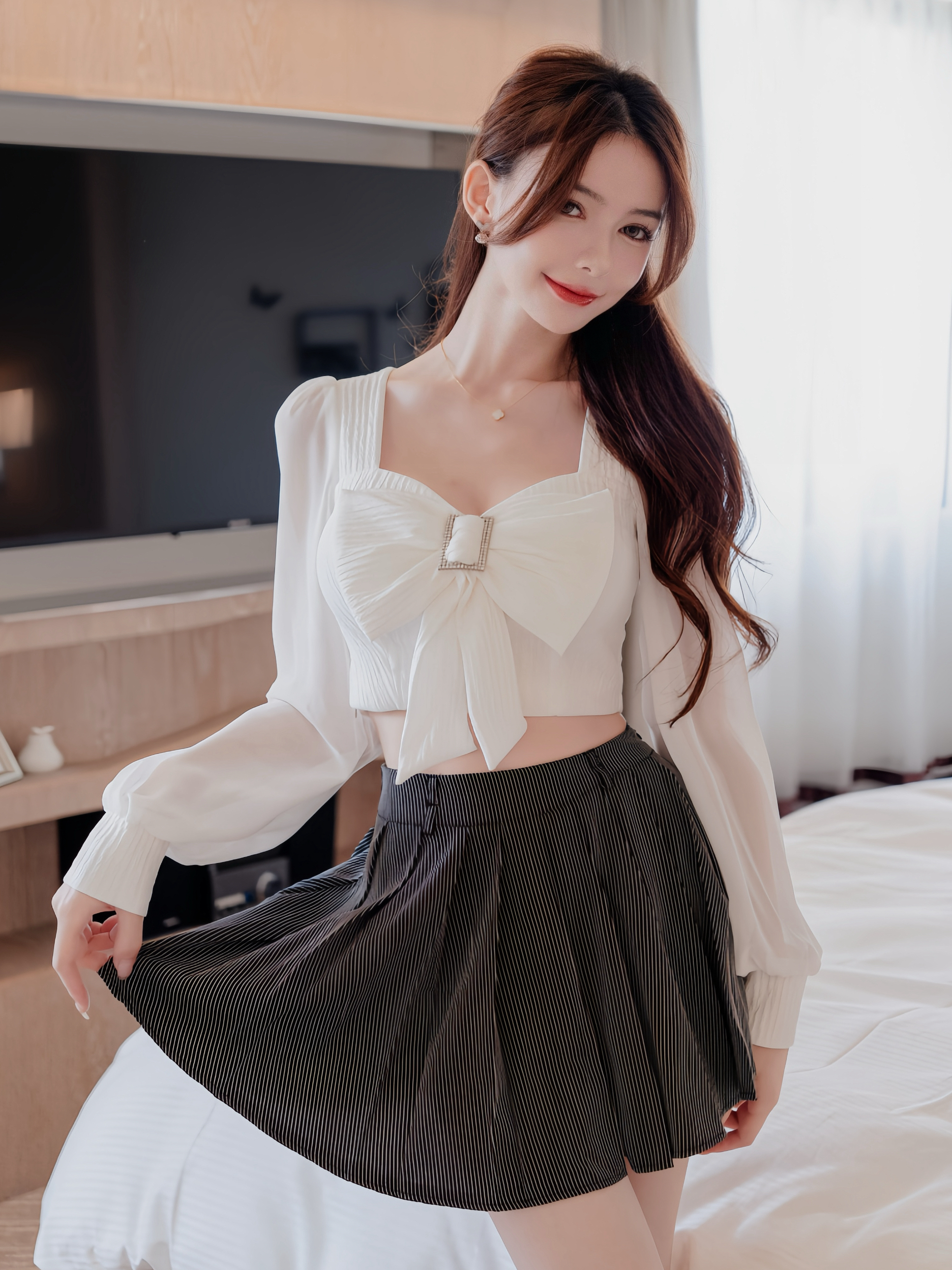 獨家訂製🤍壓紋蝴蝶結拼接雪紡上衣（白色S/M）