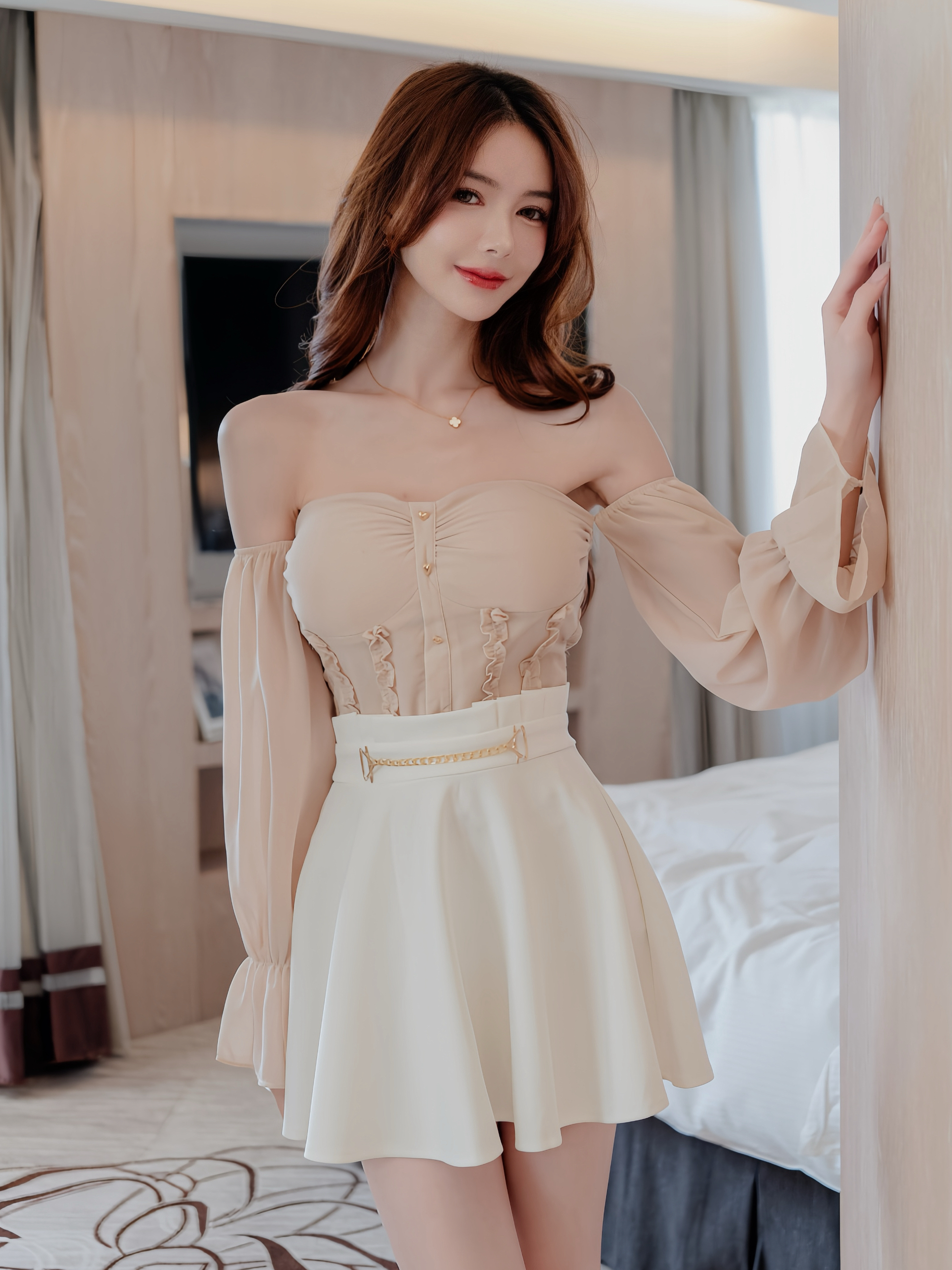 🤍排釦平口蕾絲滾邊上衣（粉杏色均碼）有罩杯