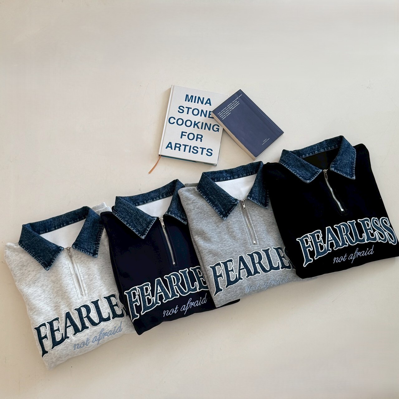 FEARLESS- 牛仔布拼接 翻領大學tee