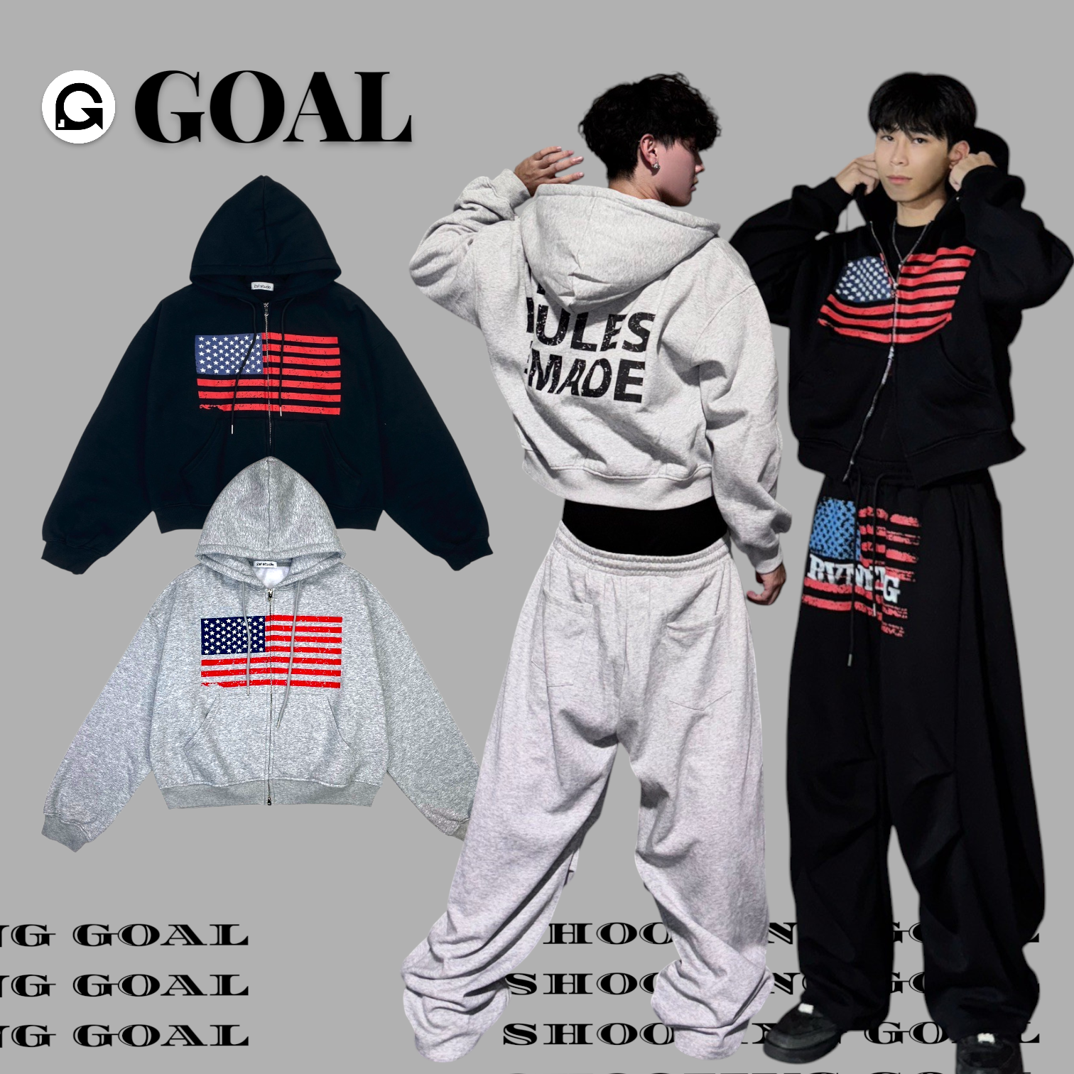 (GOAL) 美式國旗洗舊斑駁 雙拉鍊外套