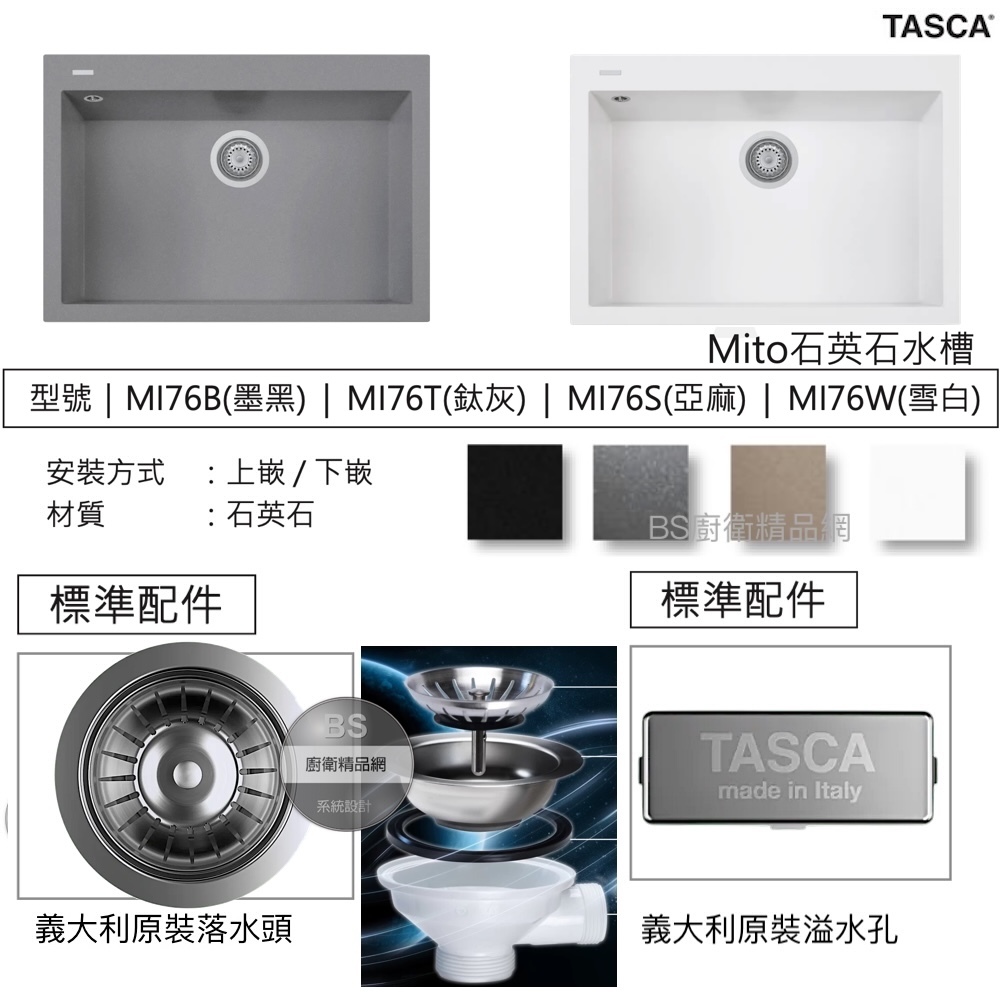 BS】 TASCA｜76cm｜花崗岩水槽｜MI76T 灰色｜義大利製Mito