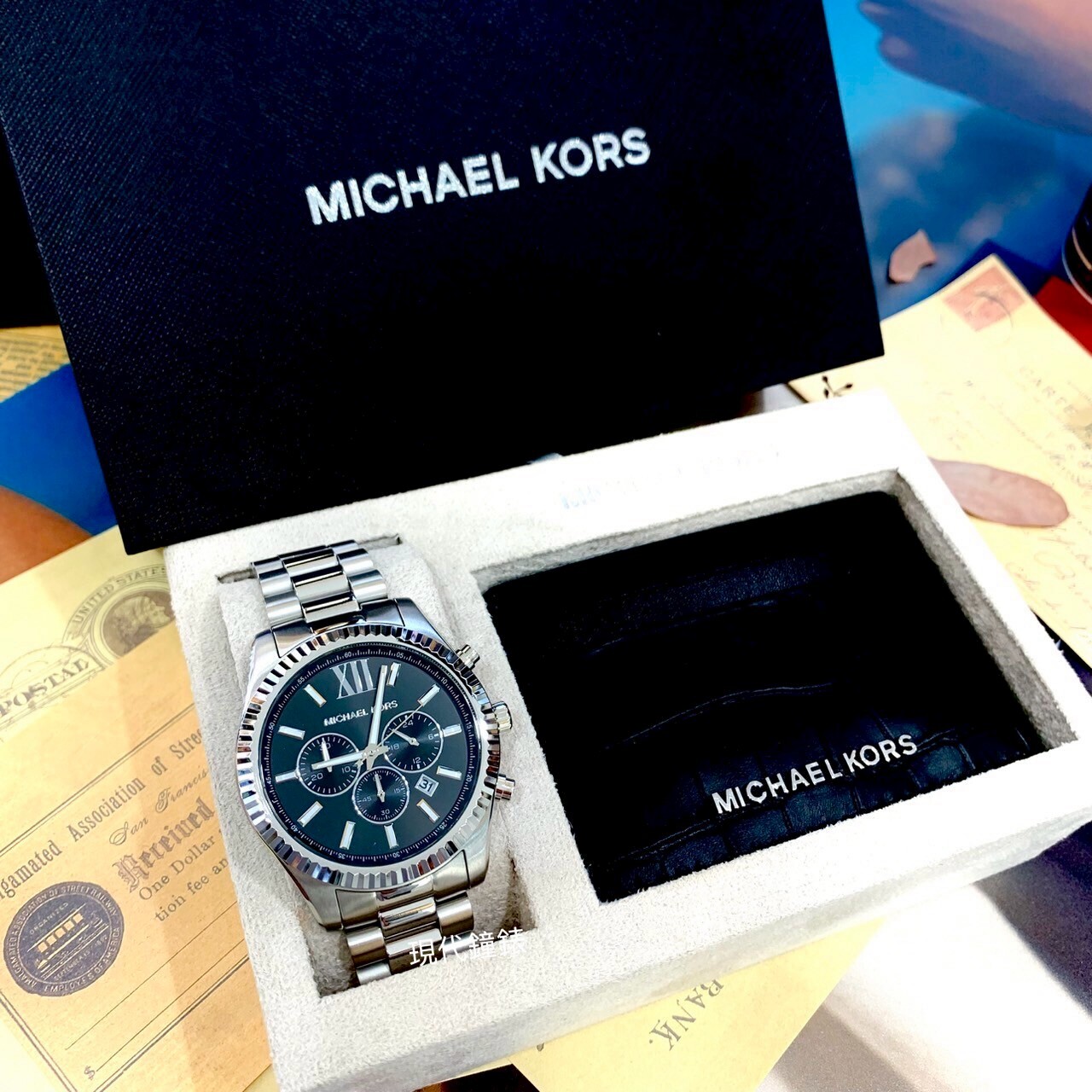 【MICHAEL KORS】三眼計時男錶/禮盒組/贈真皮卡夾MK1091SET 44mm 現代鐘錶