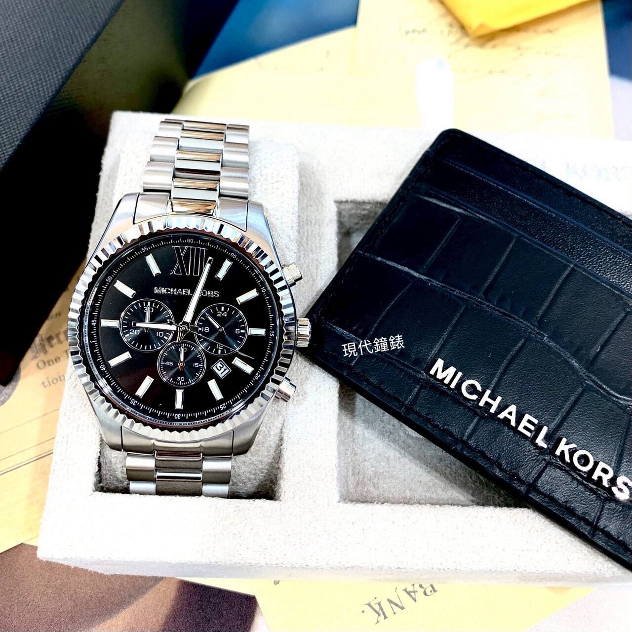 【MICHAEL KORS】三眼計時男錶/禮盒組/贈真皮卡夾MK1091SET 44mm 現代鐘錶